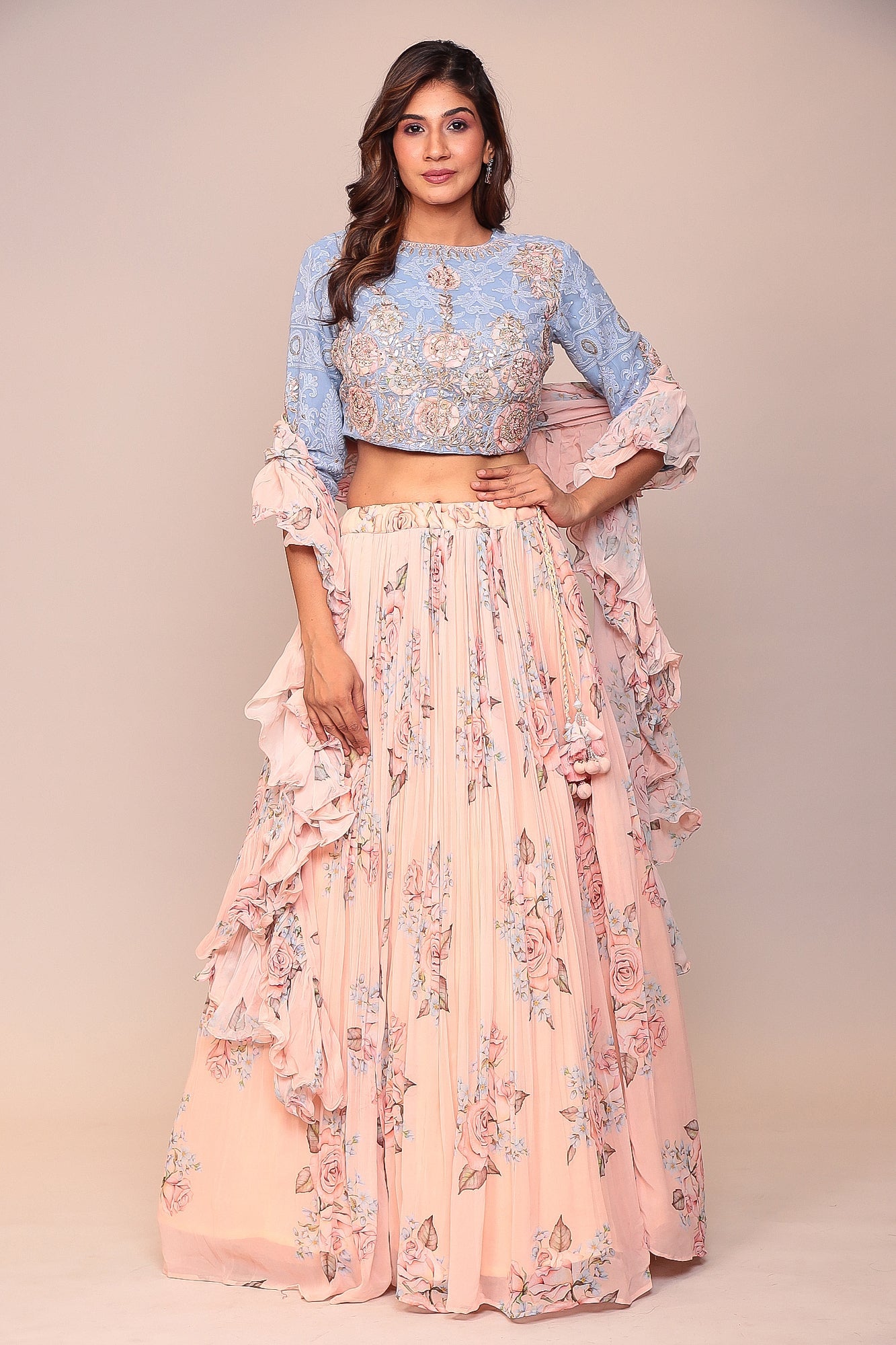 Floral Printed Lehenga with Applique Work and Ruffled duppatta.