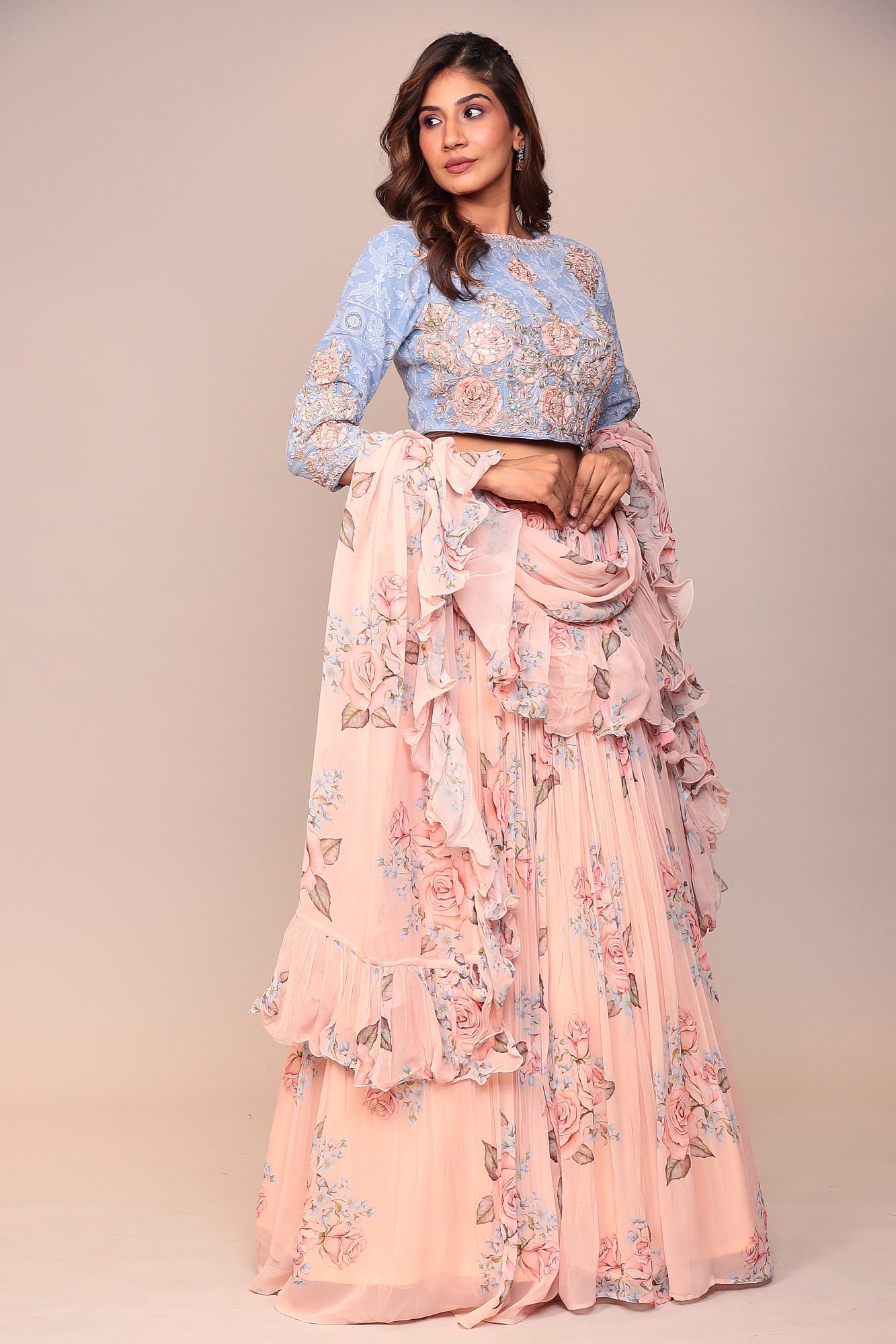 Floral Printed Lehenga with Applique Work and Ruffled duppatta.