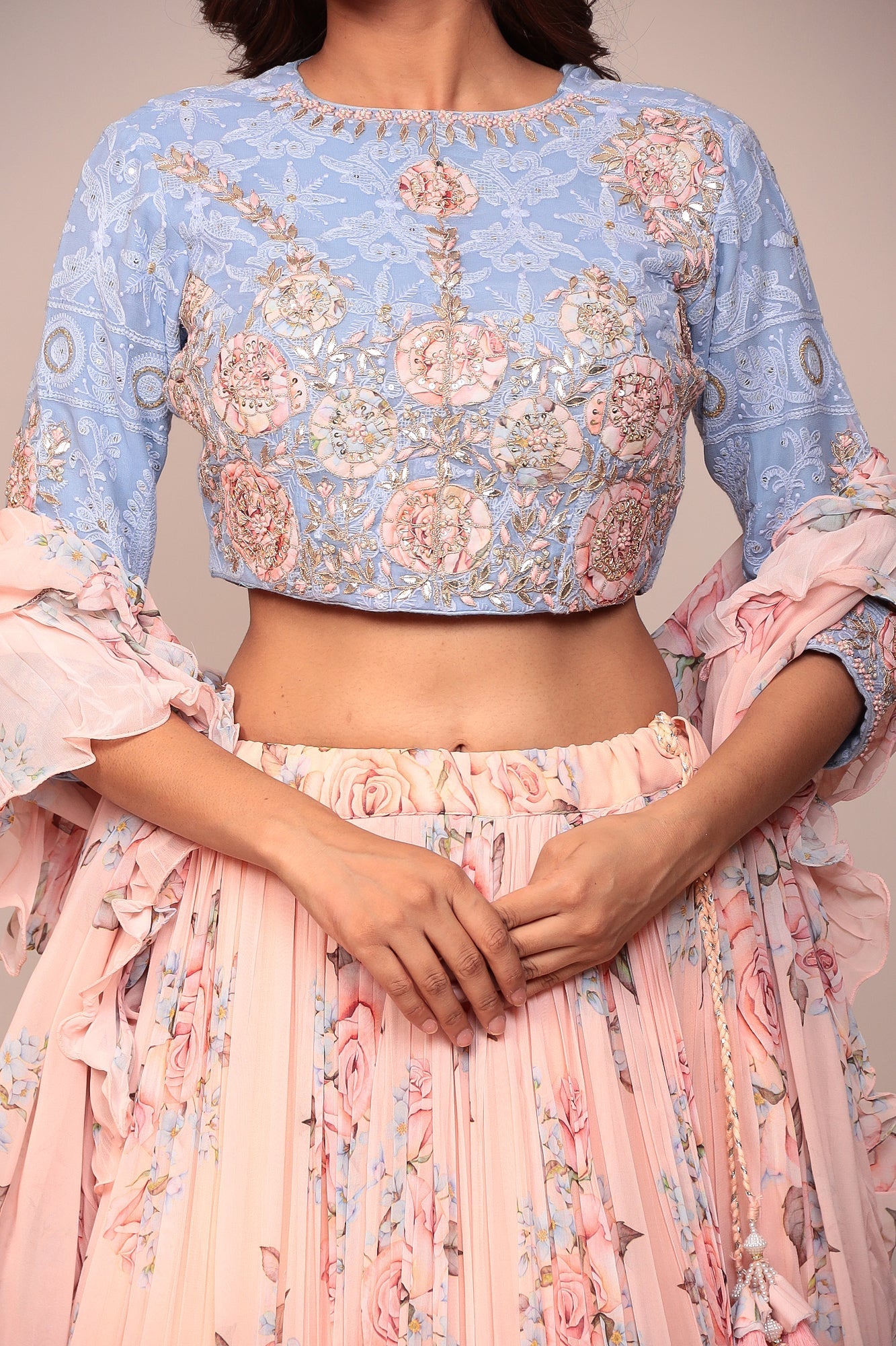 Floral Printed Lehenga with Applique Work and Ruffled duppatta.