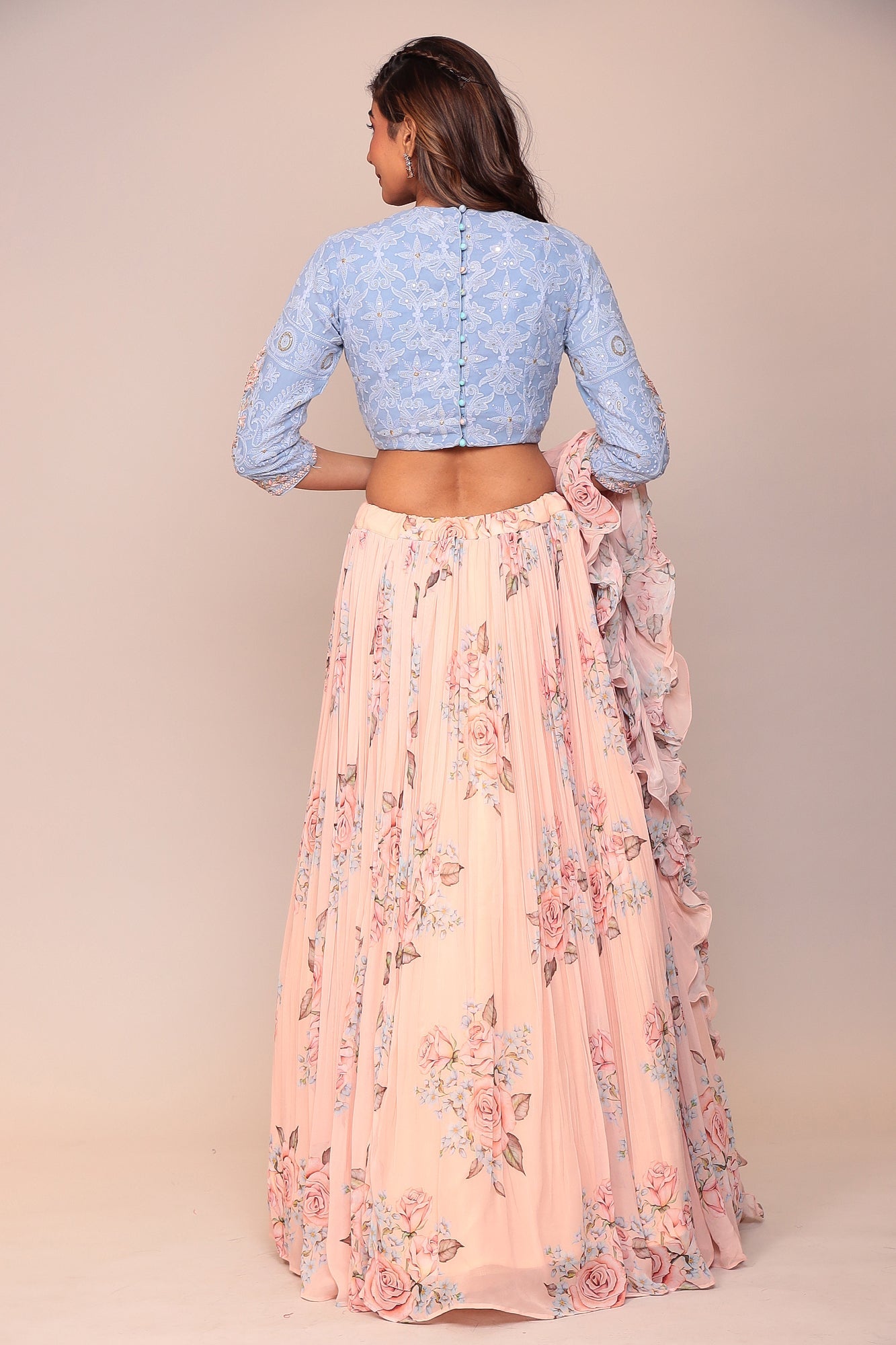Floral Printed Lehenga with Applique Work and Ruffled duppatta.