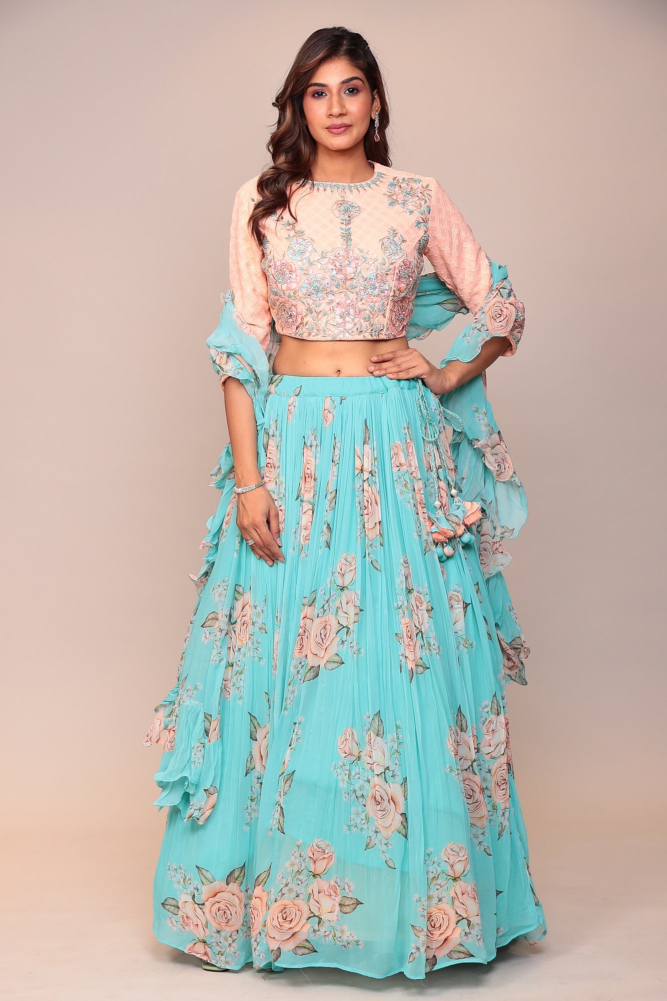 Floral Printed Lehenga with Applique Work and Ruffled duppatta.