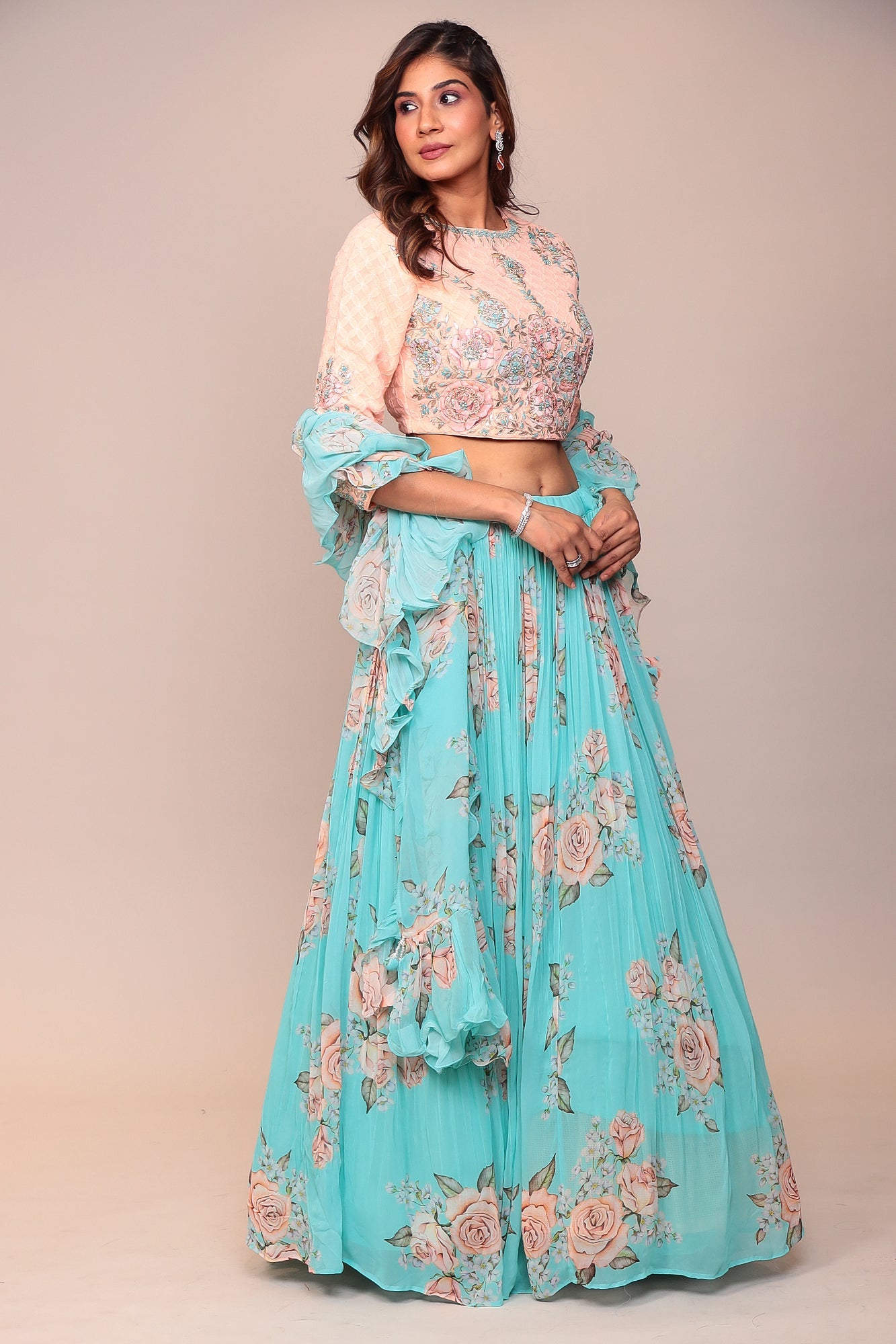 Floral Printed Lehenga with Applique Work and Ruffled duppatta.