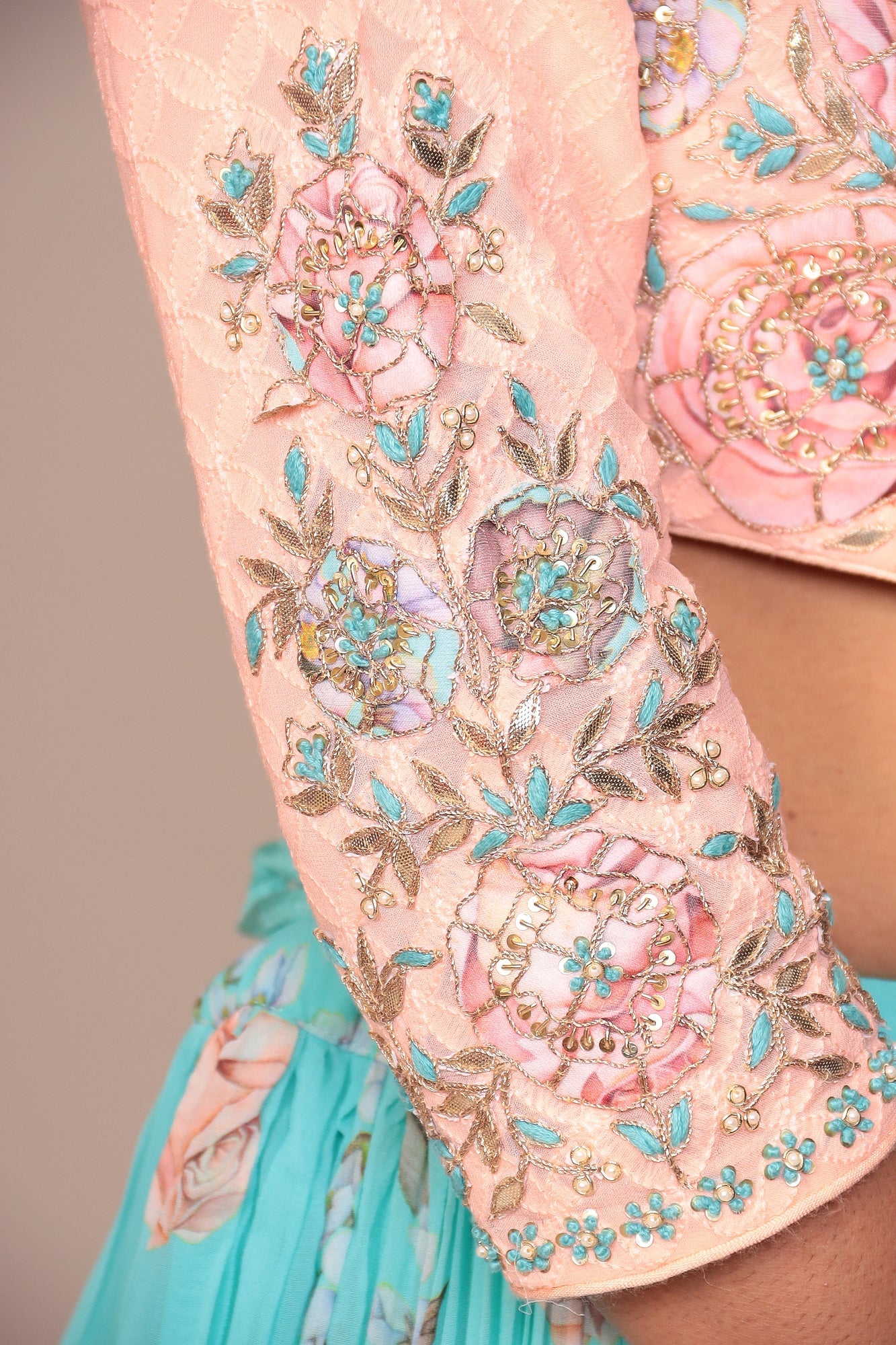 Floral Printed Lehenga with Applique Work and Ruffled duppatta.