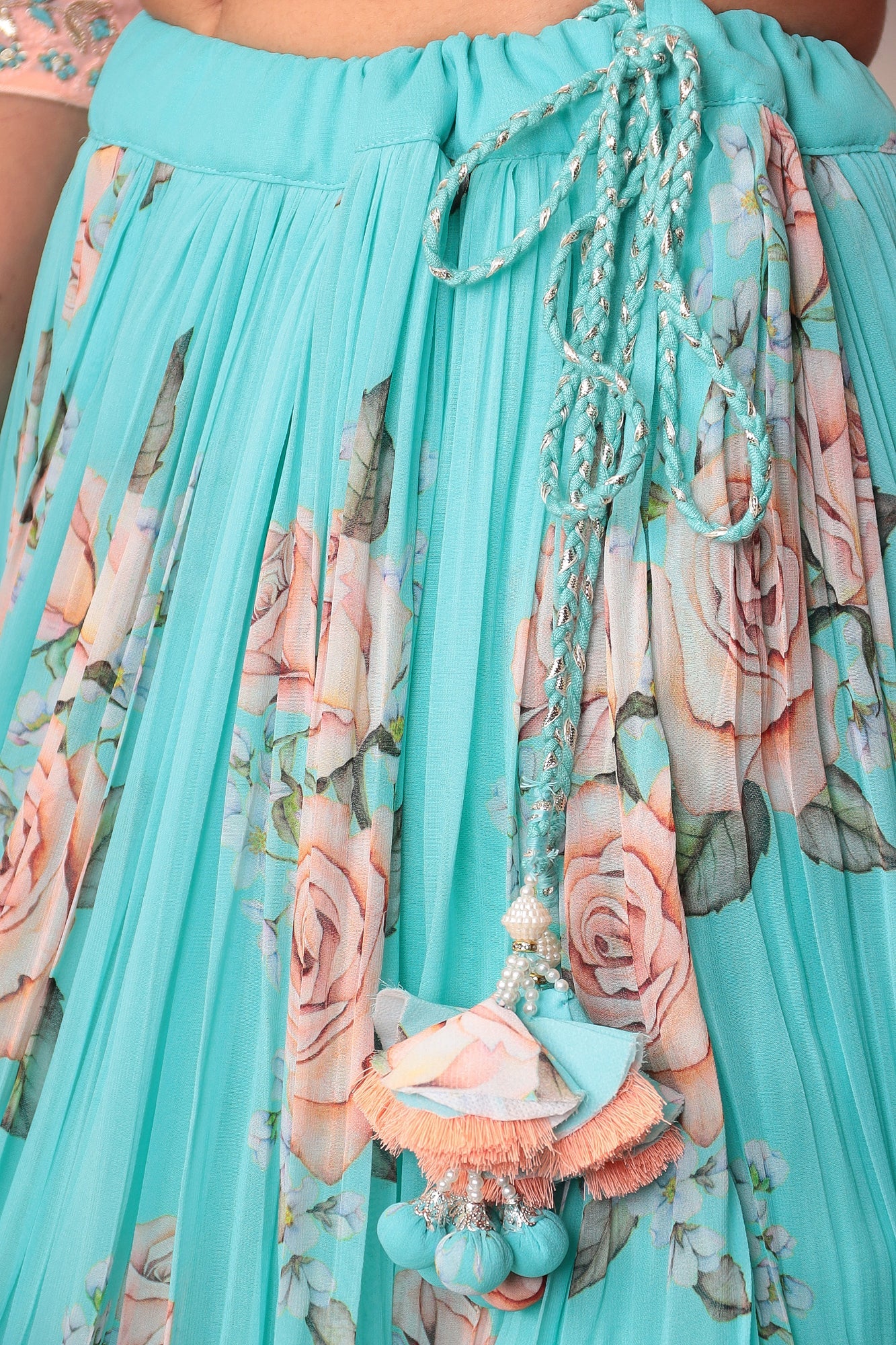 Floral Printed Lehenga with Applique Work and Ruffled duppatta.