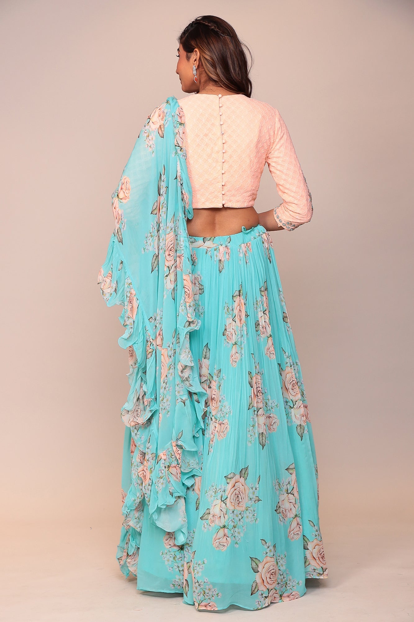 Floral Printed Lehenga with Applique Work and Ruffled duppatta.