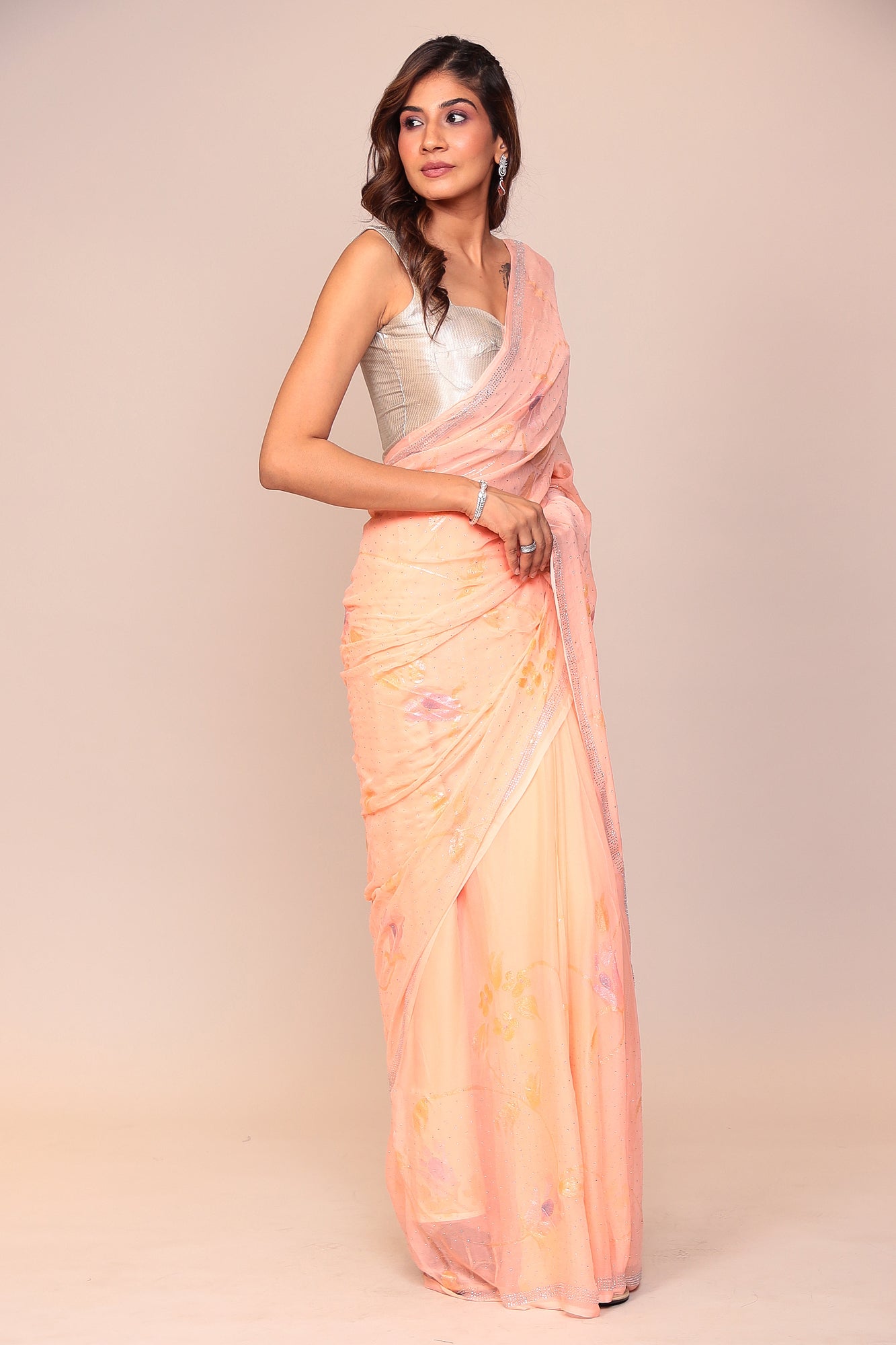 Foil Print Chiffon Saree with Swarovski work.