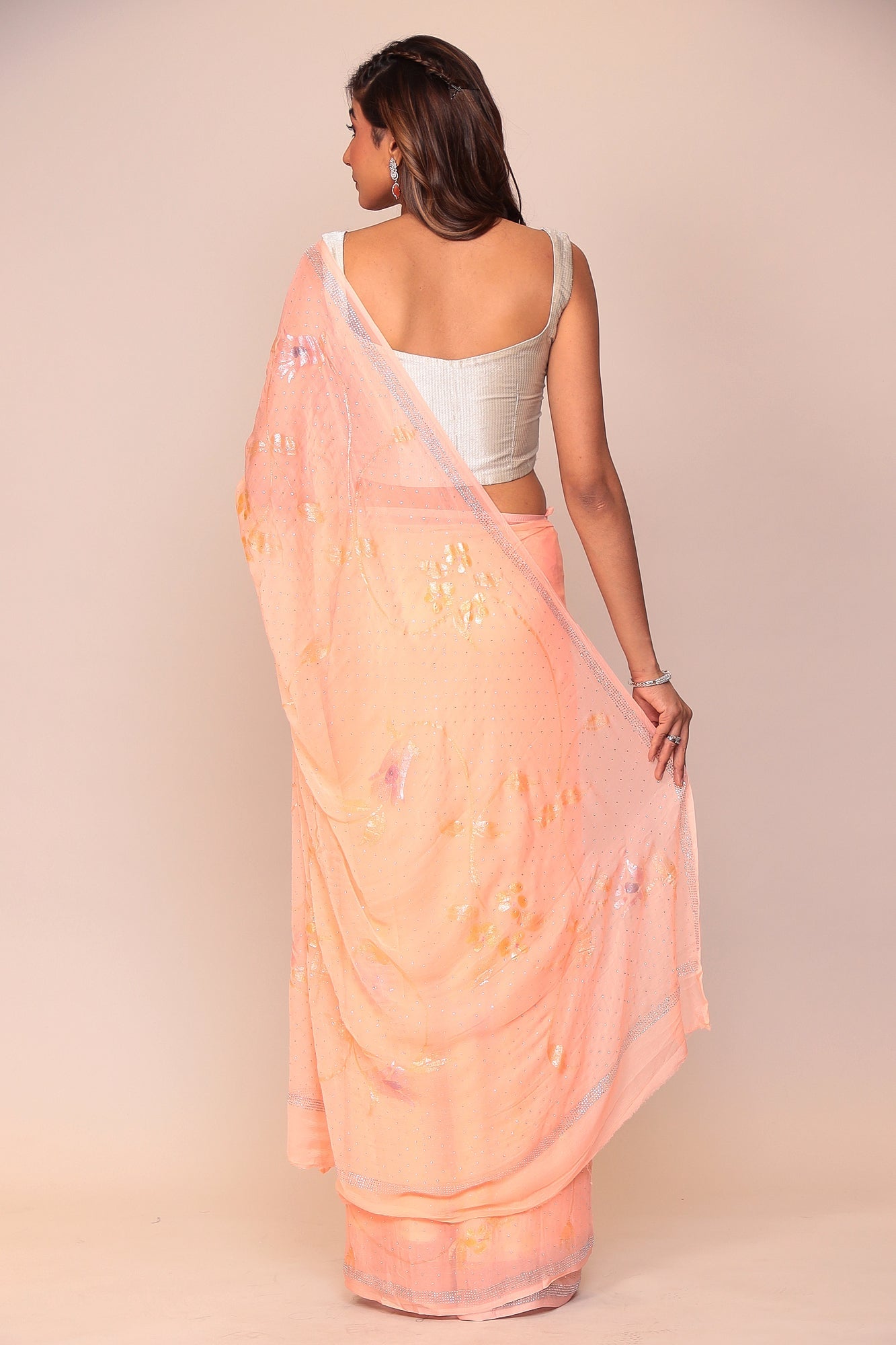 Foil Print Chiffon Saree with Swarovski work.