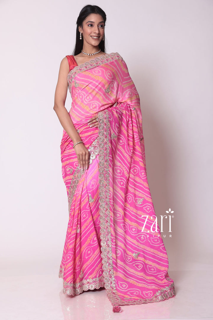 Traditional Bandhej Chinon Silk Saree with Gota Patti and Thread Work