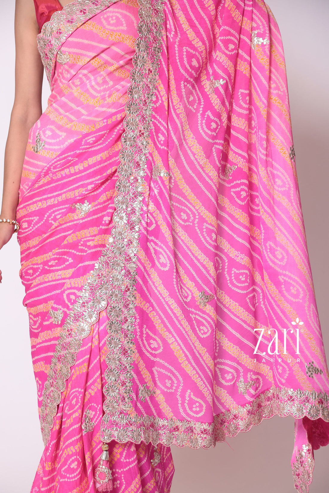 Traditional Bandhej Chinon Silk Saree with Gota Patti and Thread Work