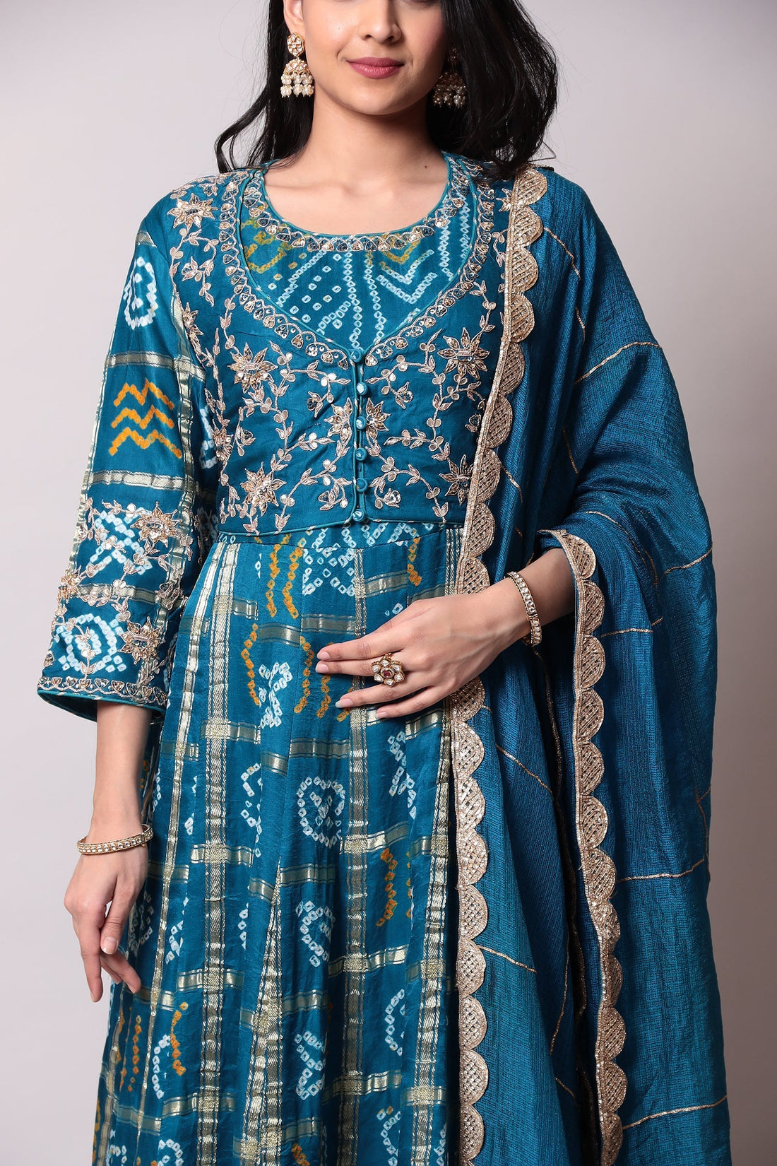 Ghatchola Bandhej Silk Suit with Gota Patti work