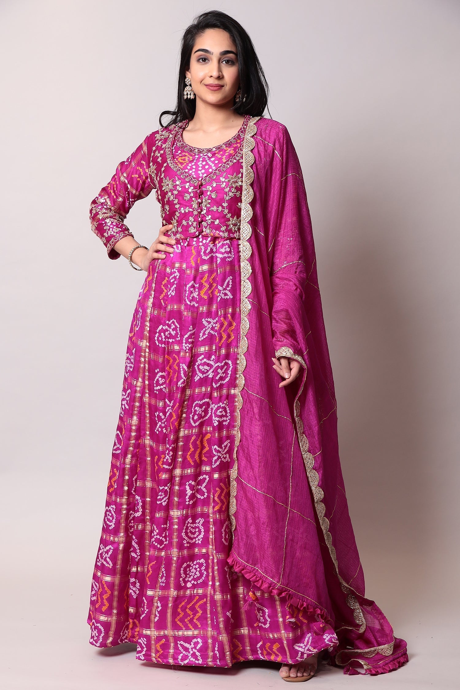 Ghatchola Bandhej Silk Suit with Gota Patti work