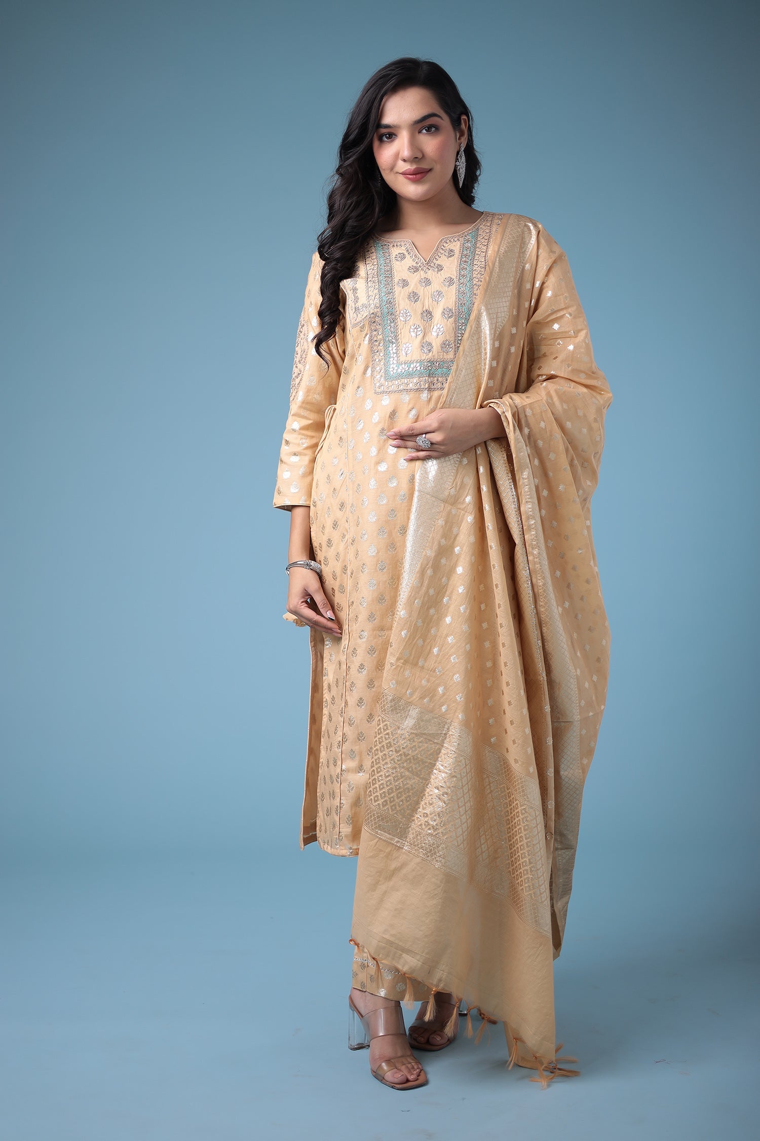 Handloom Straight Cut Silk Suit with Gota Patti work
