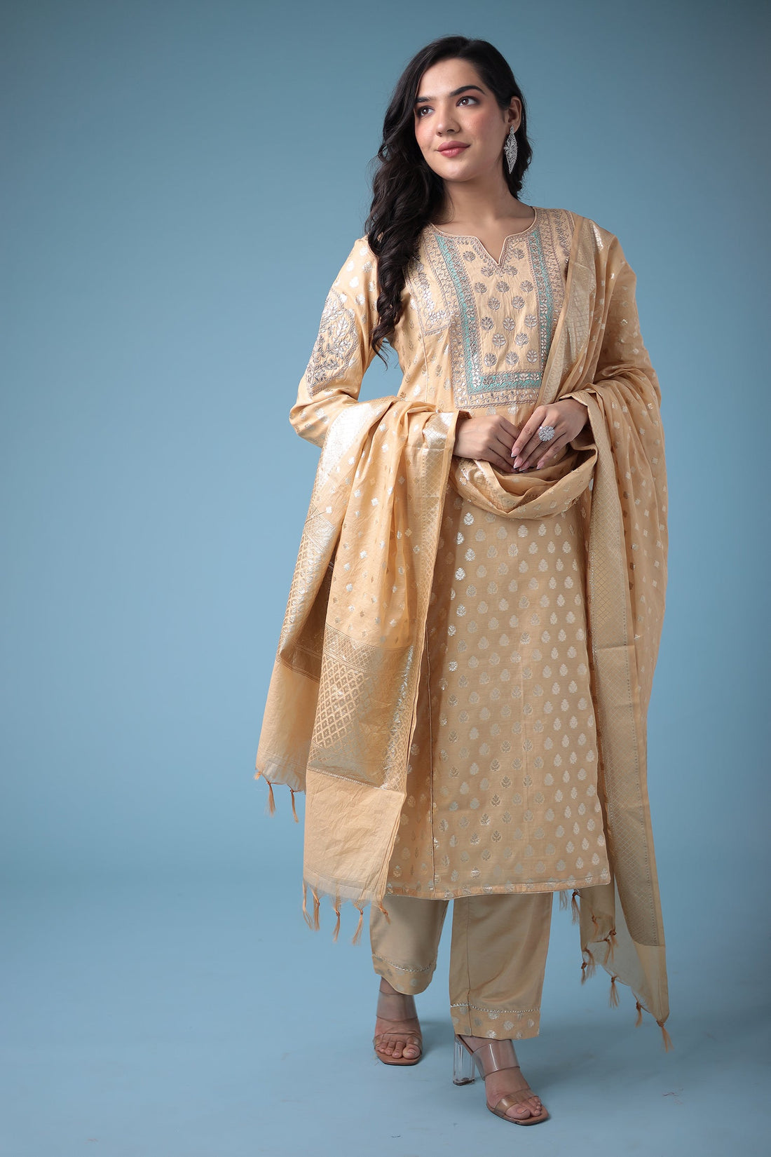 Handloom Straight Cut Silk Suit with Gota Patti work