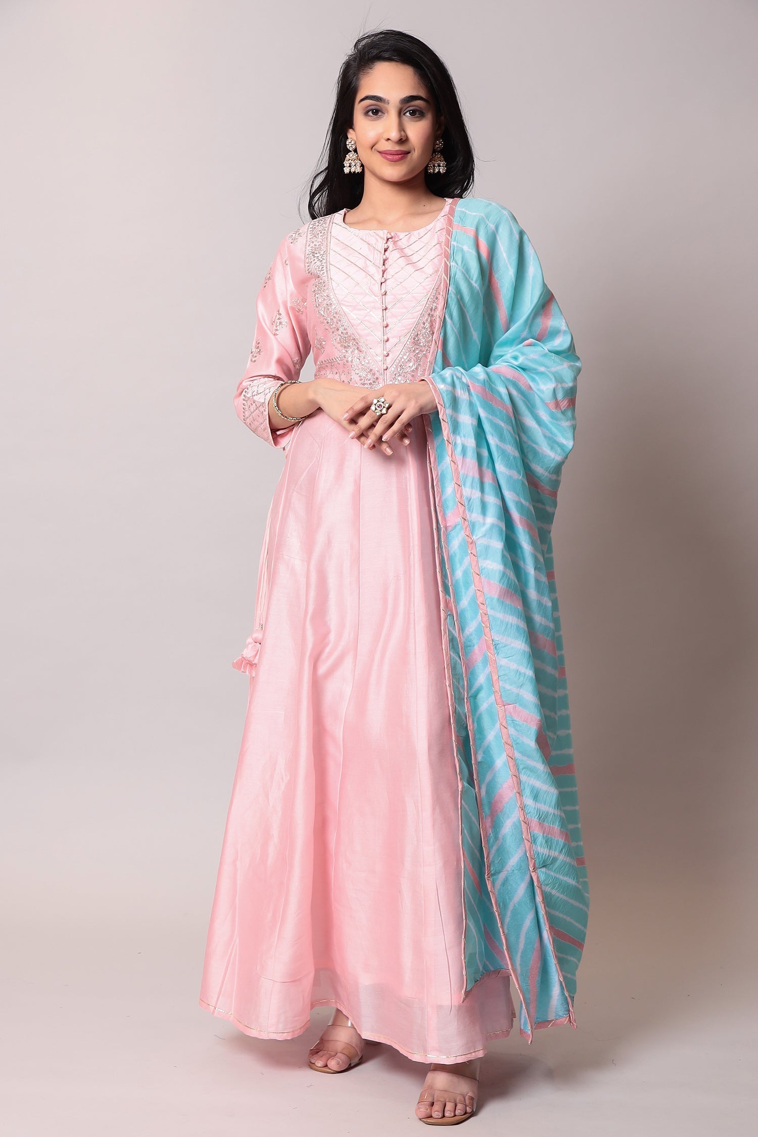Leheriya Anarkali Cotton Suit with Pittan work.