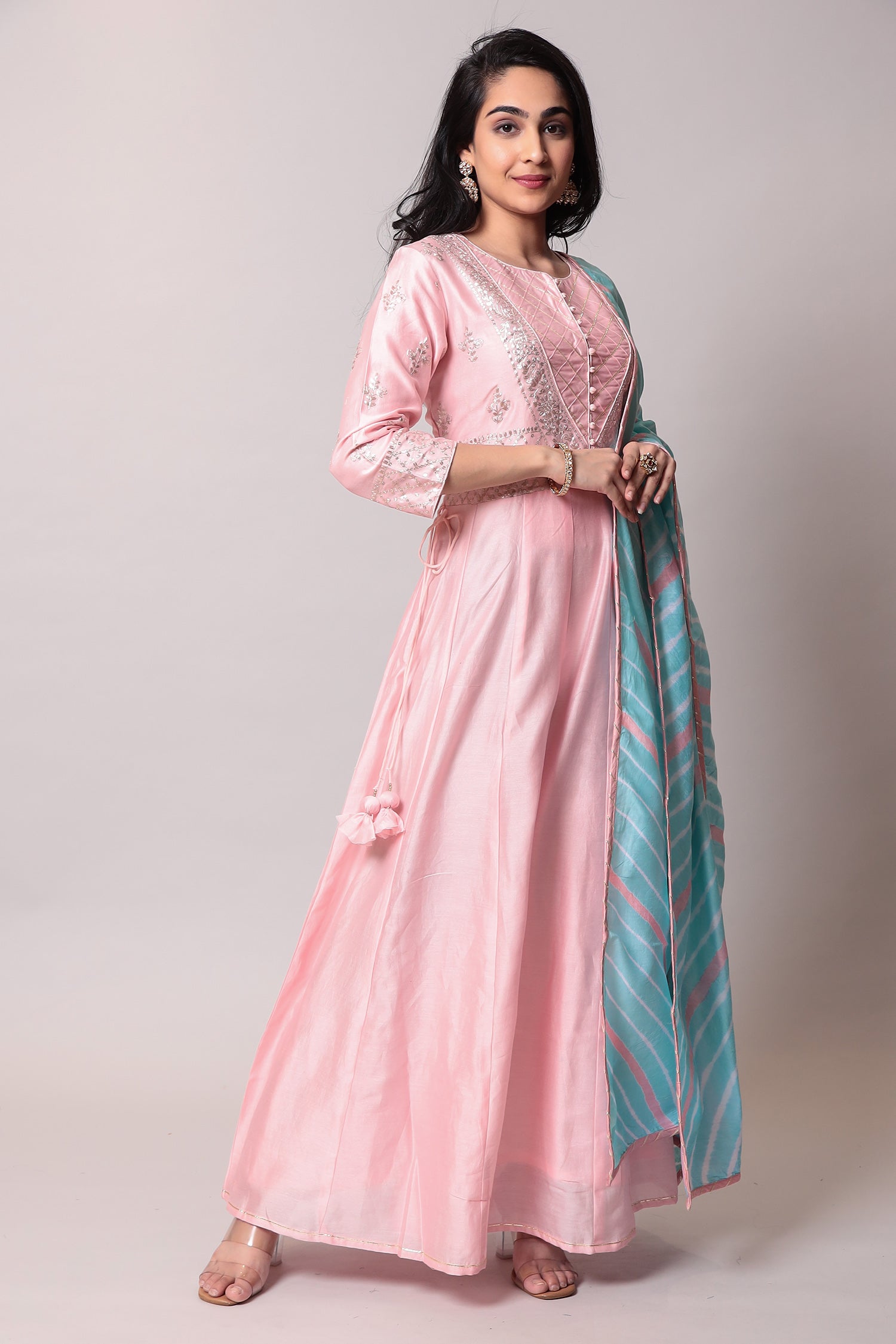 Leheriya Anarkali Cotton Suit with Pittan work.