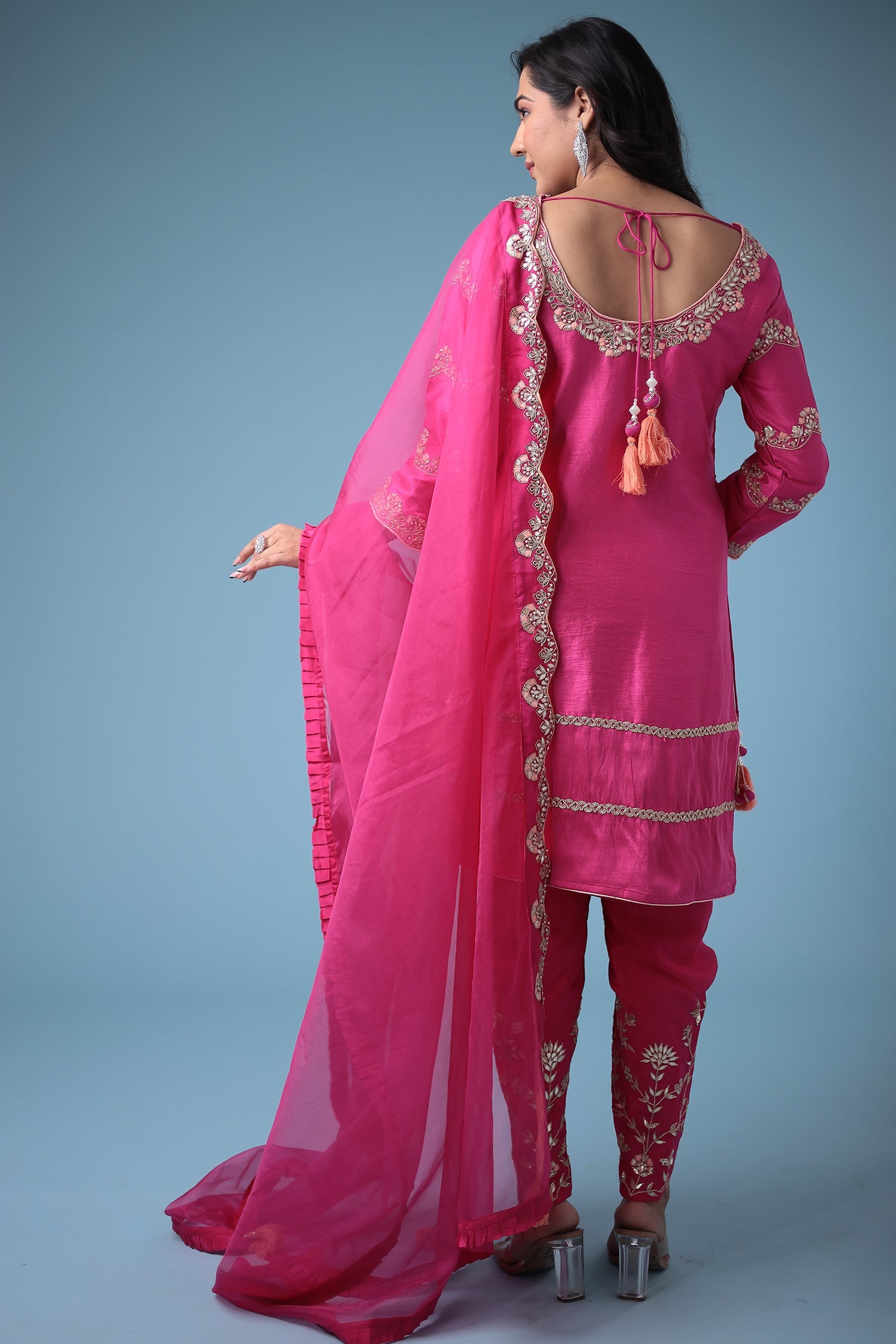 Embroidered Dhoti Style Silk Suit with Gota Patti work