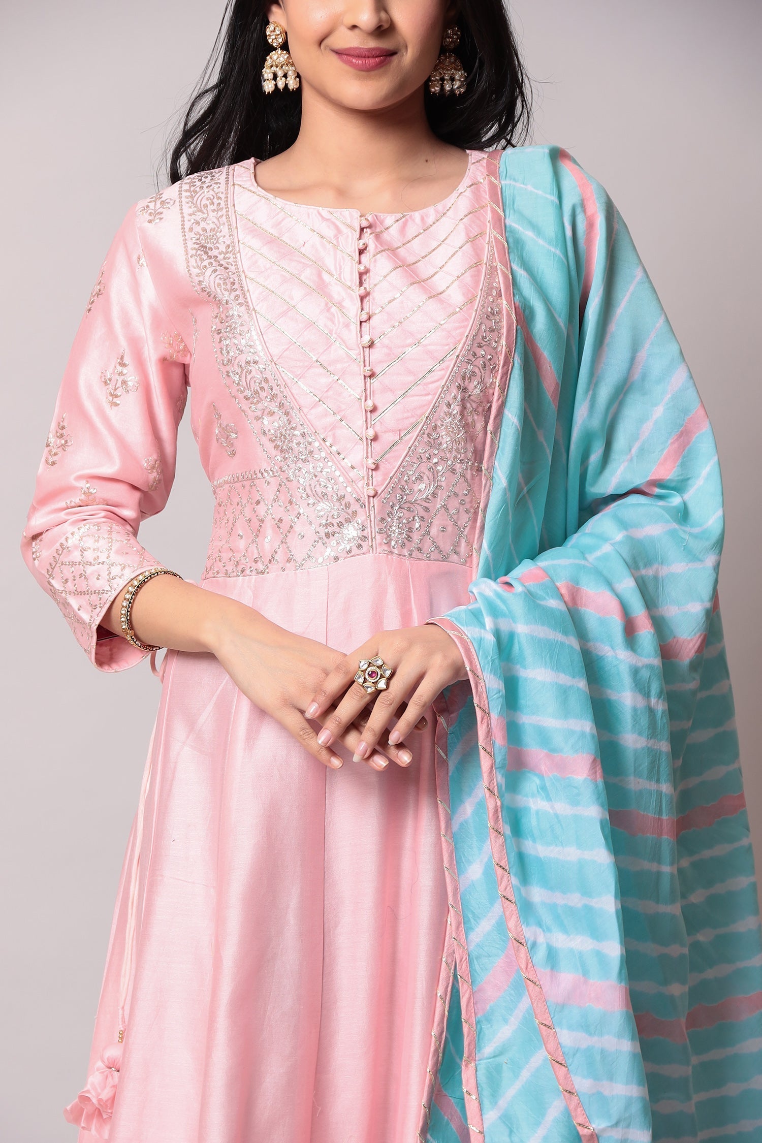 Leheriya Anarkali Cotton Suit with Pittan work.