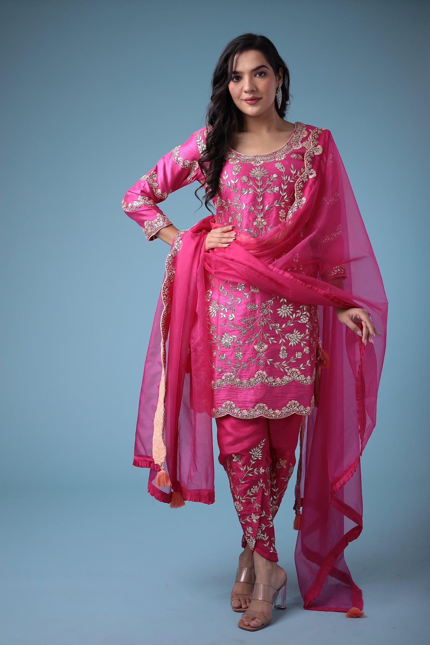 Embroidered Dhoti Style Silk Suit with Gota Patti work