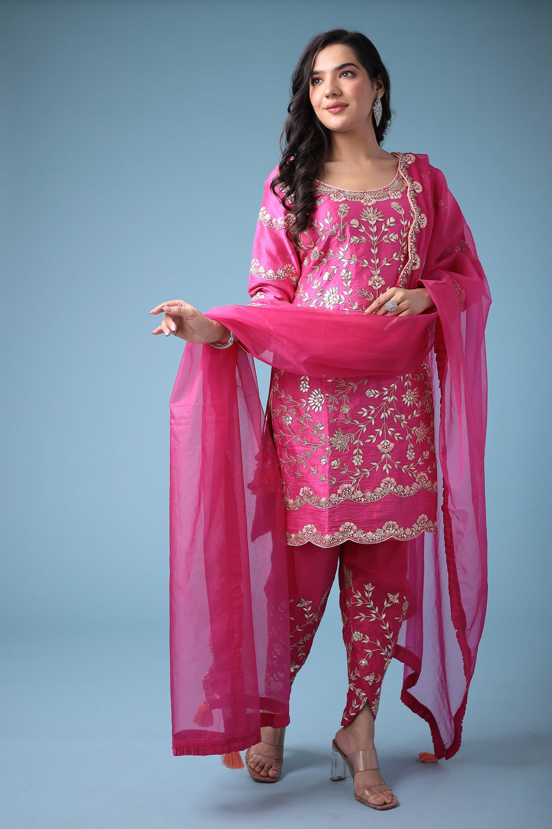 Embroidered Dhoti Style Silk Suit with Gota Patti work