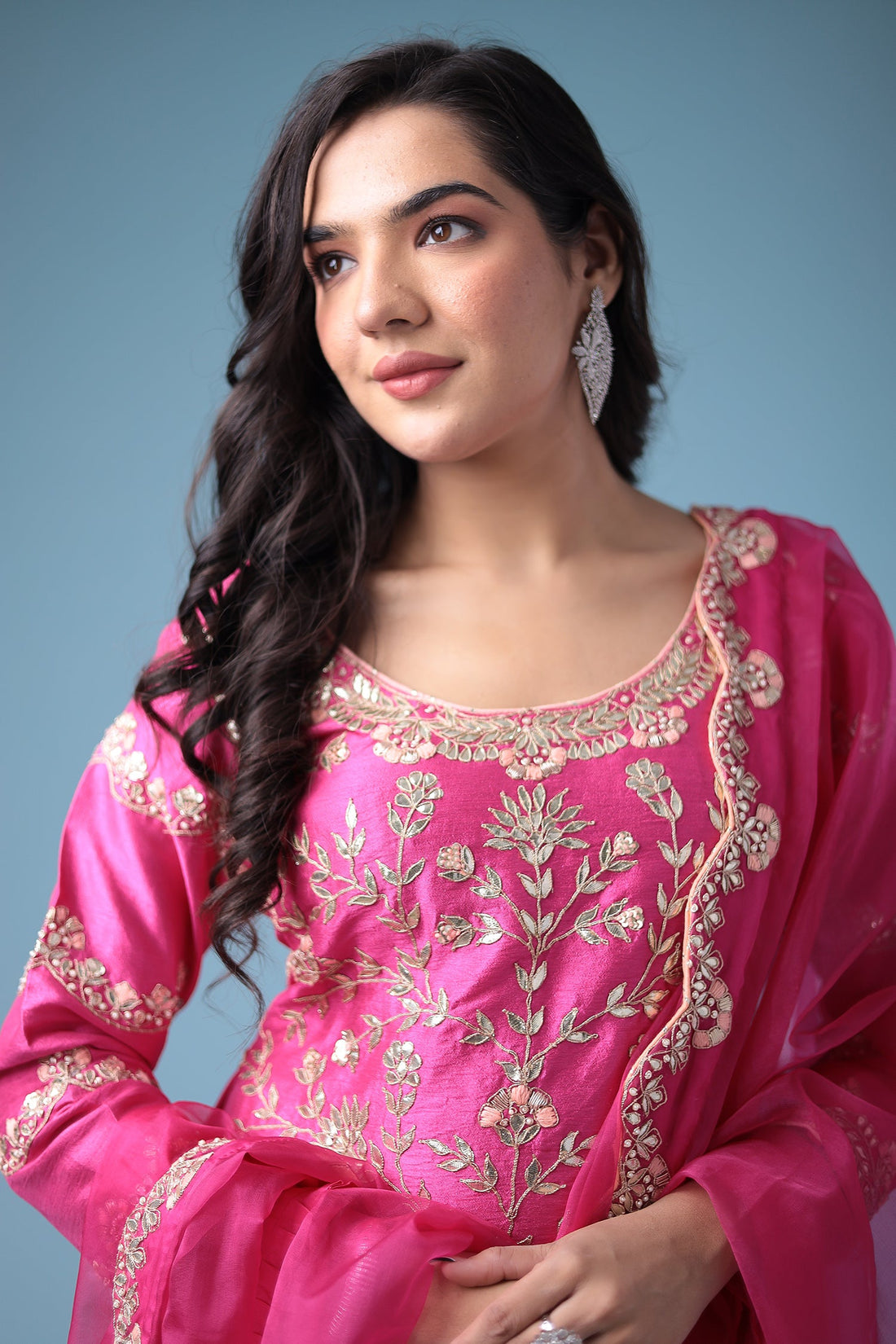 Embroidered Dhoti Style Silk Suit with Gota Patti work