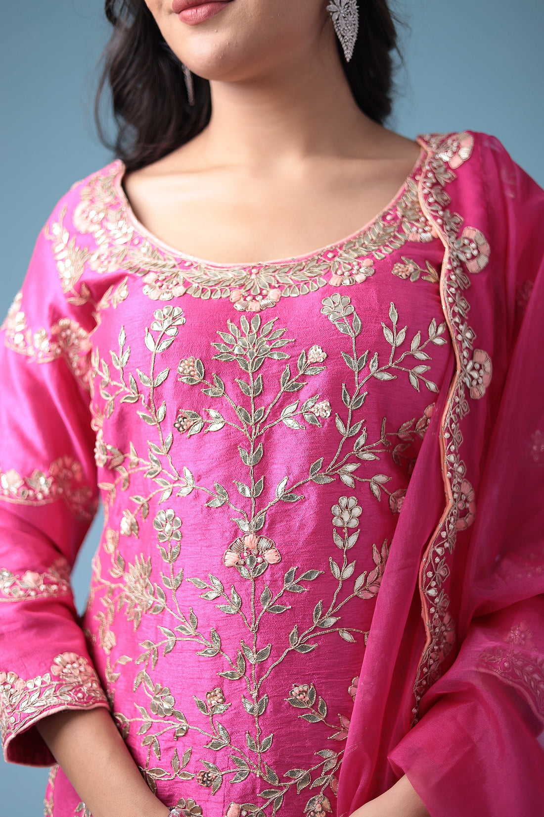 Embroidered Dhoti Style Silk Suit with Gota Patti work