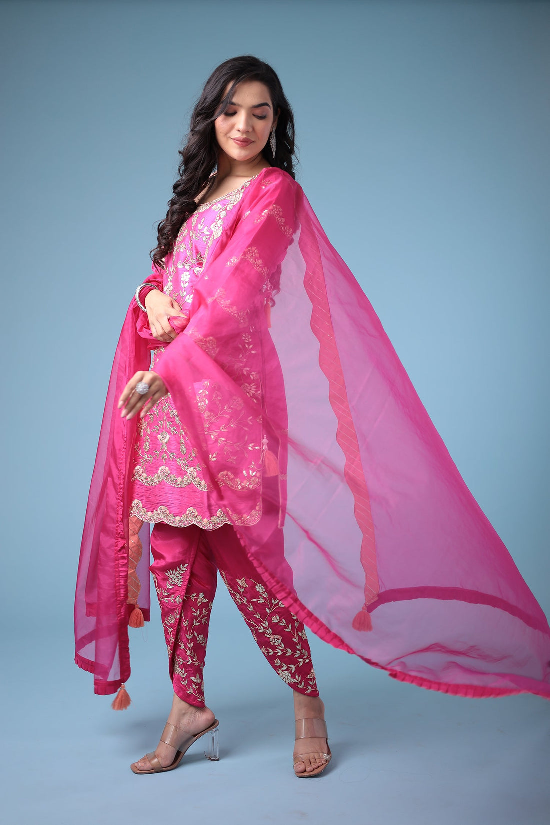 Embroidered Dhoti Style Silk Suit with Gota Patti work