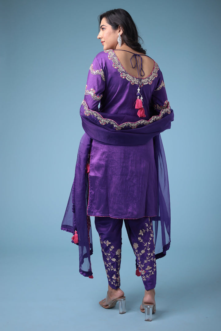 Embroidered Dhoti Style Silk Suit with Gota Patti work
