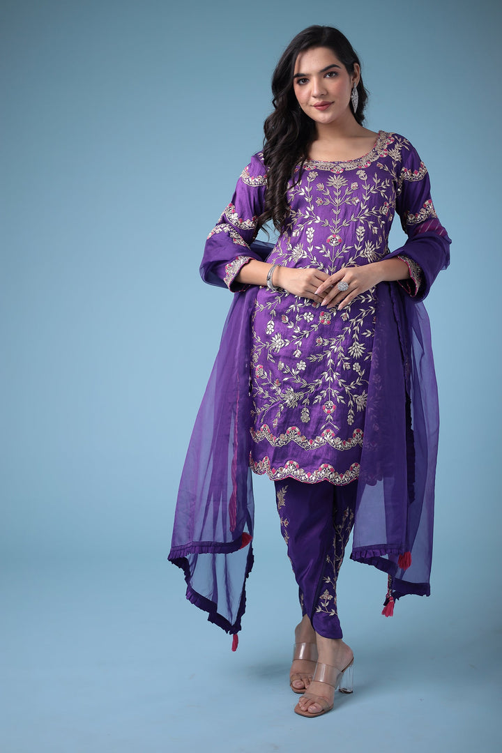 Embroidered Dhoti Style Silk Suit with Gota Patti work