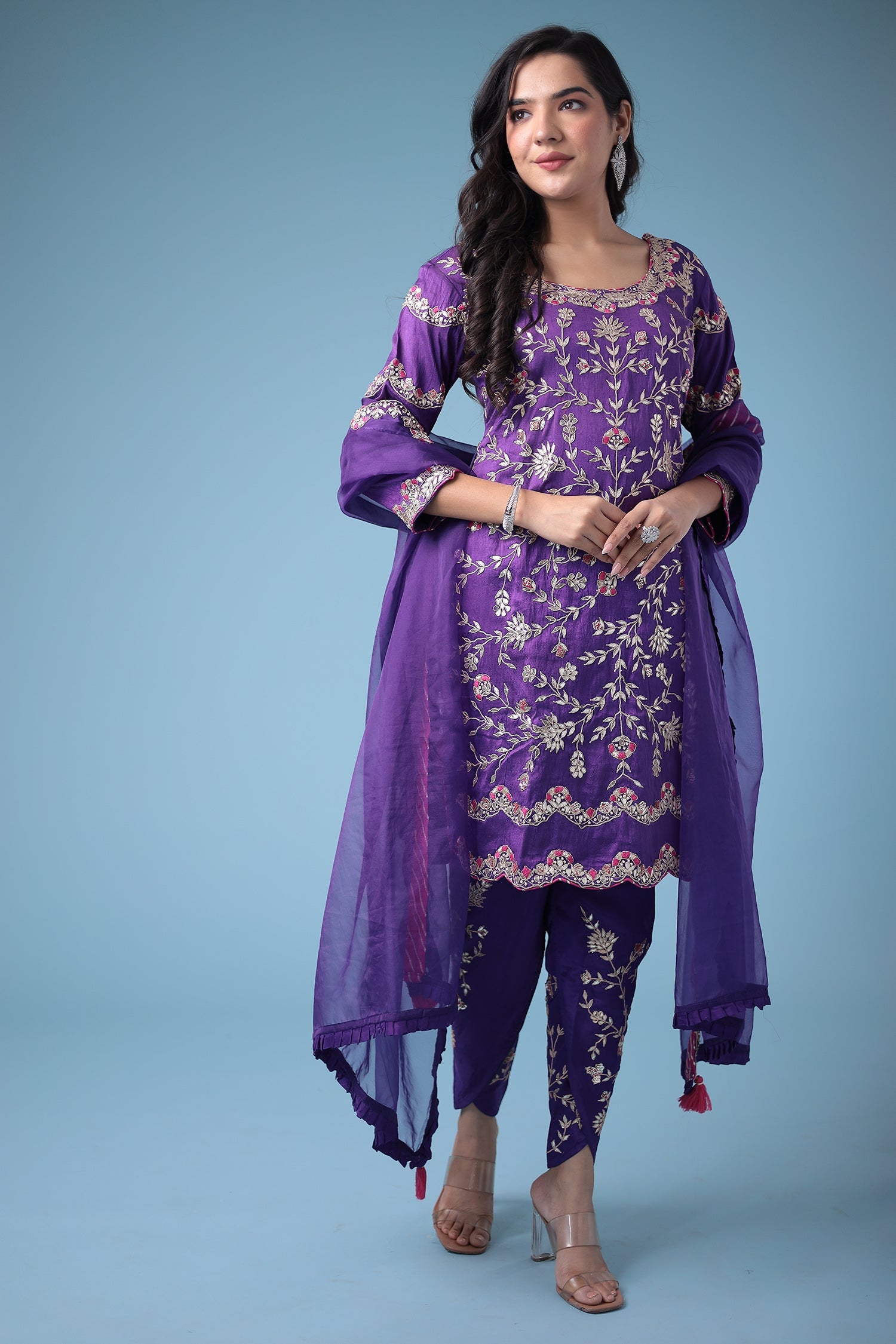 Embroidered Dhoti Style Silk Suit with Gota Patti work