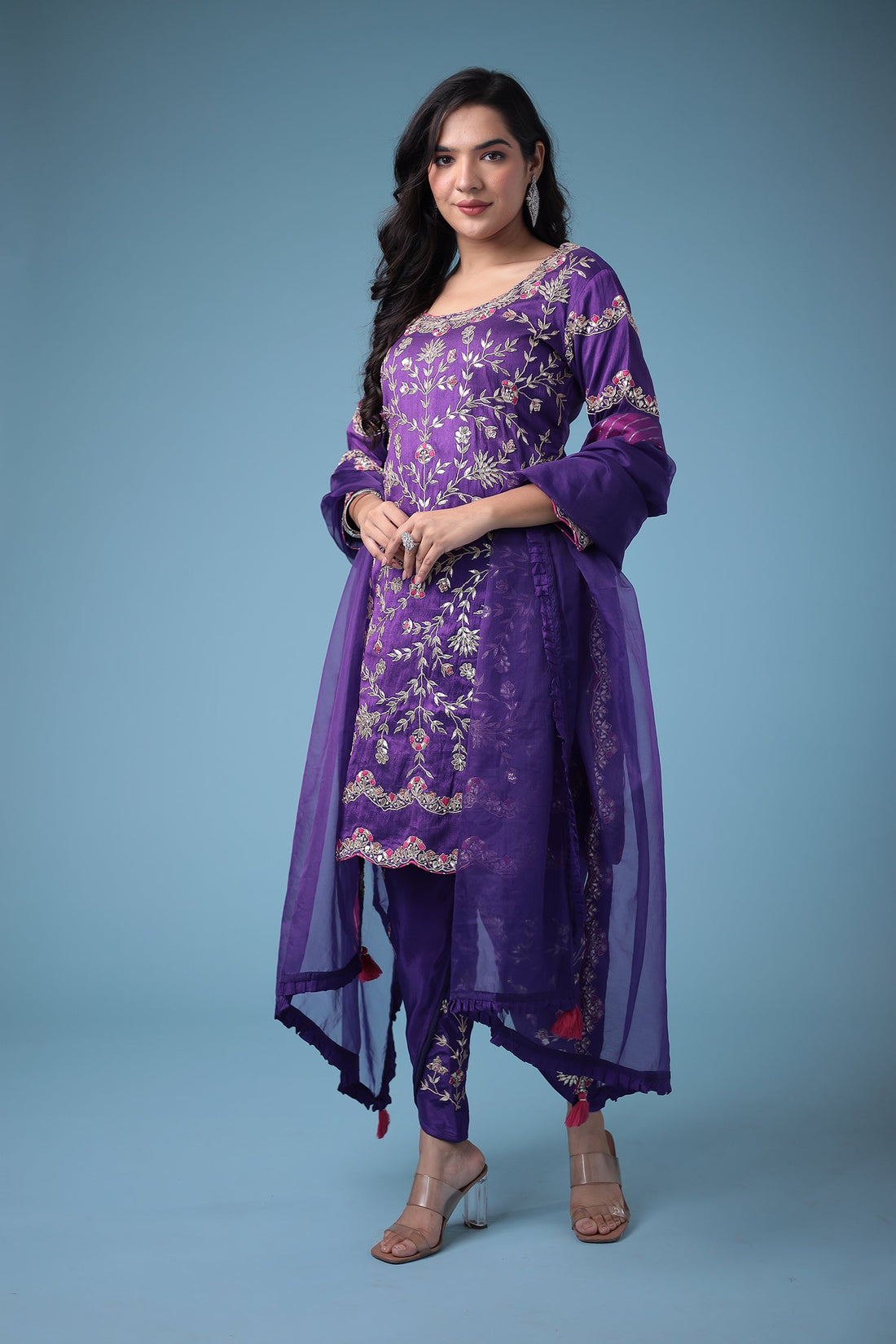 Embroidered Dhoti Style Silk Suit with Gota Patti work