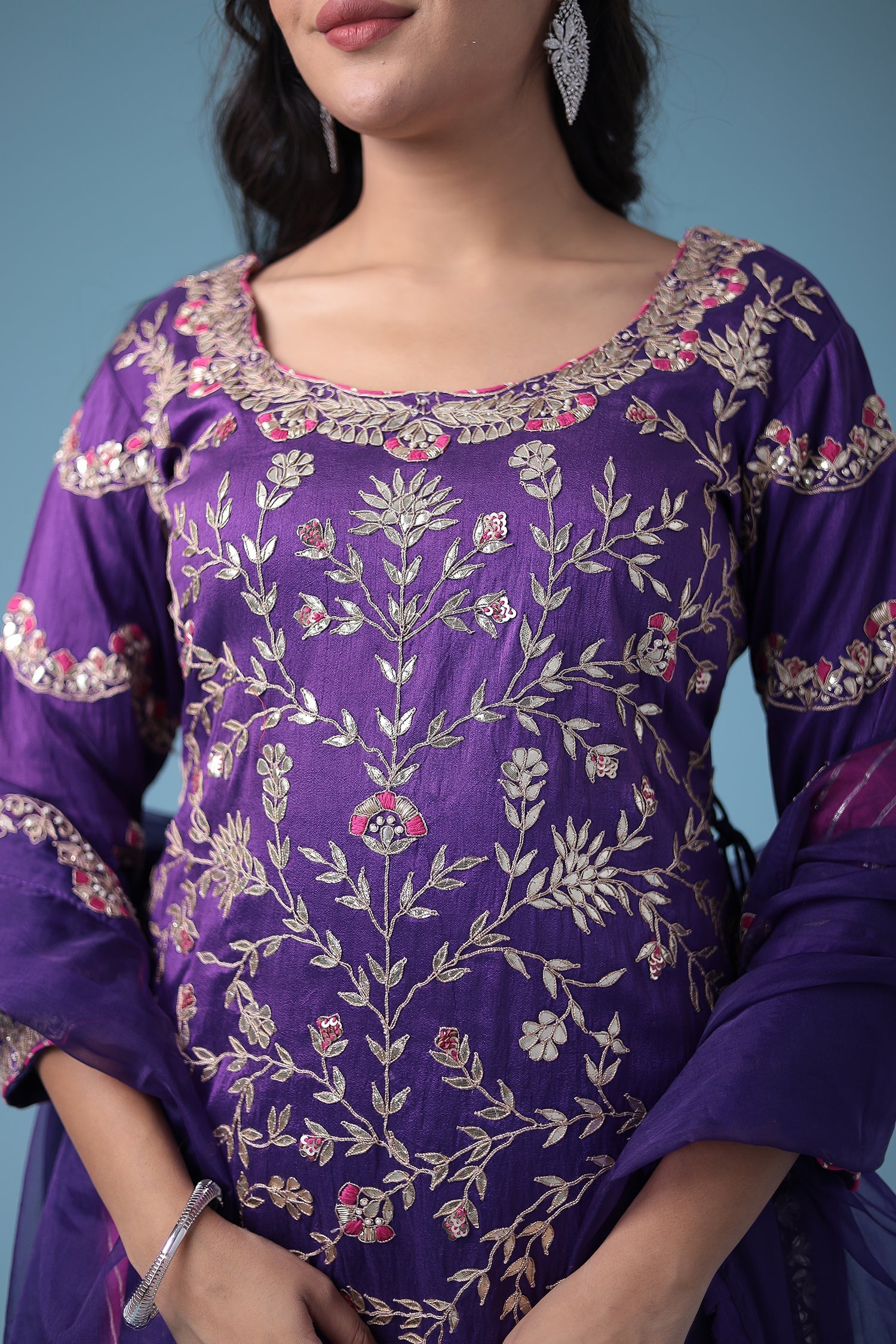 Embroidered Dhoti Style Silk Suit with Gota Patti work