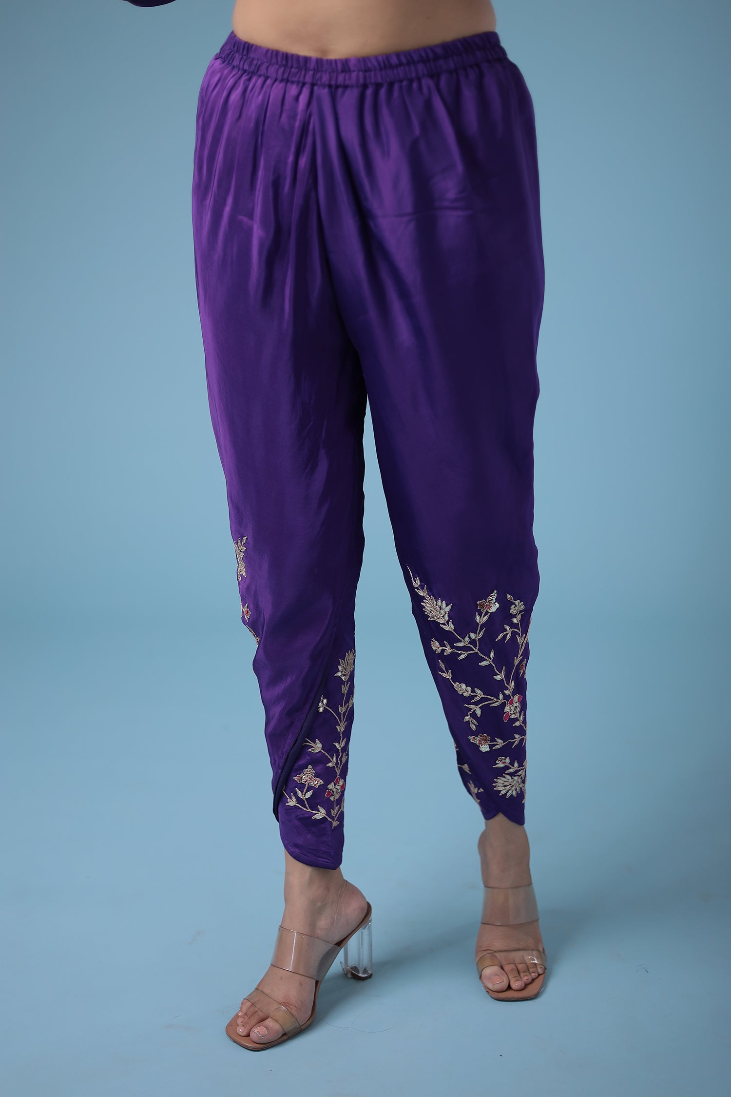 Embroidered Dhoti Style Silk Suit with Gota Patti work