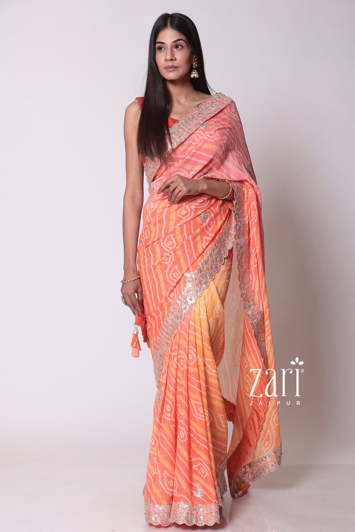 Traditional Bandhej Chinon Silk Saree with Gota Patti and Thread Work