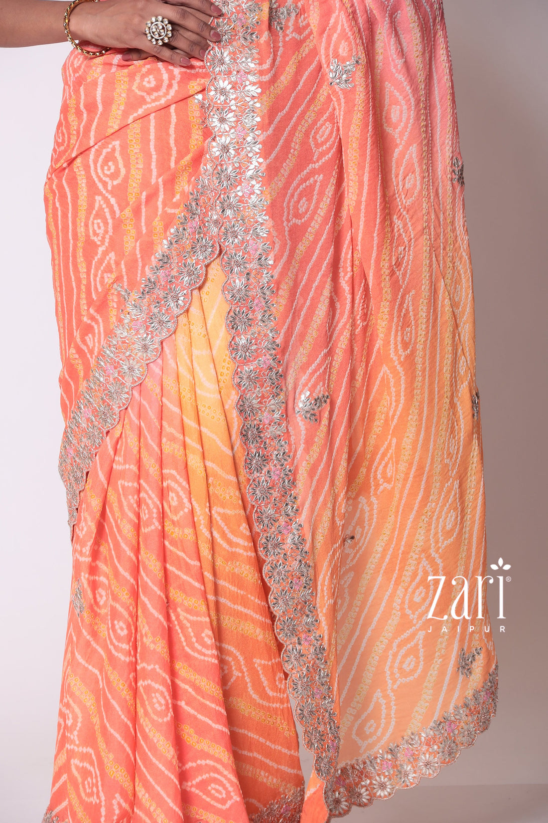 Traditional Bandhej Chinon Silk Saree with Gota Patti and Thread Work