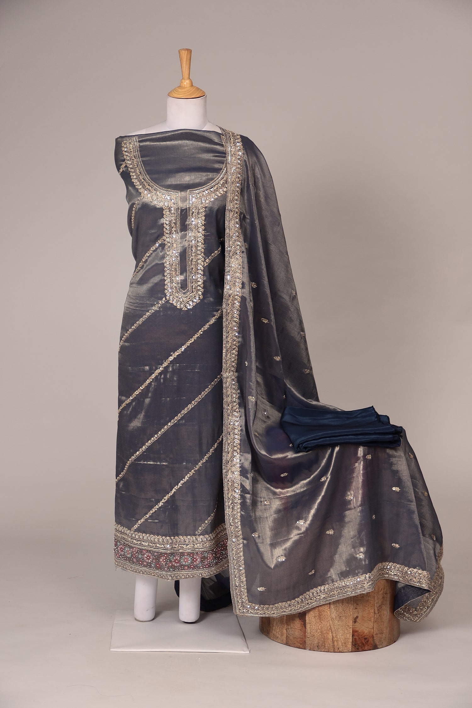 Silk Unstitched Suit with Aari and Zardozi work.