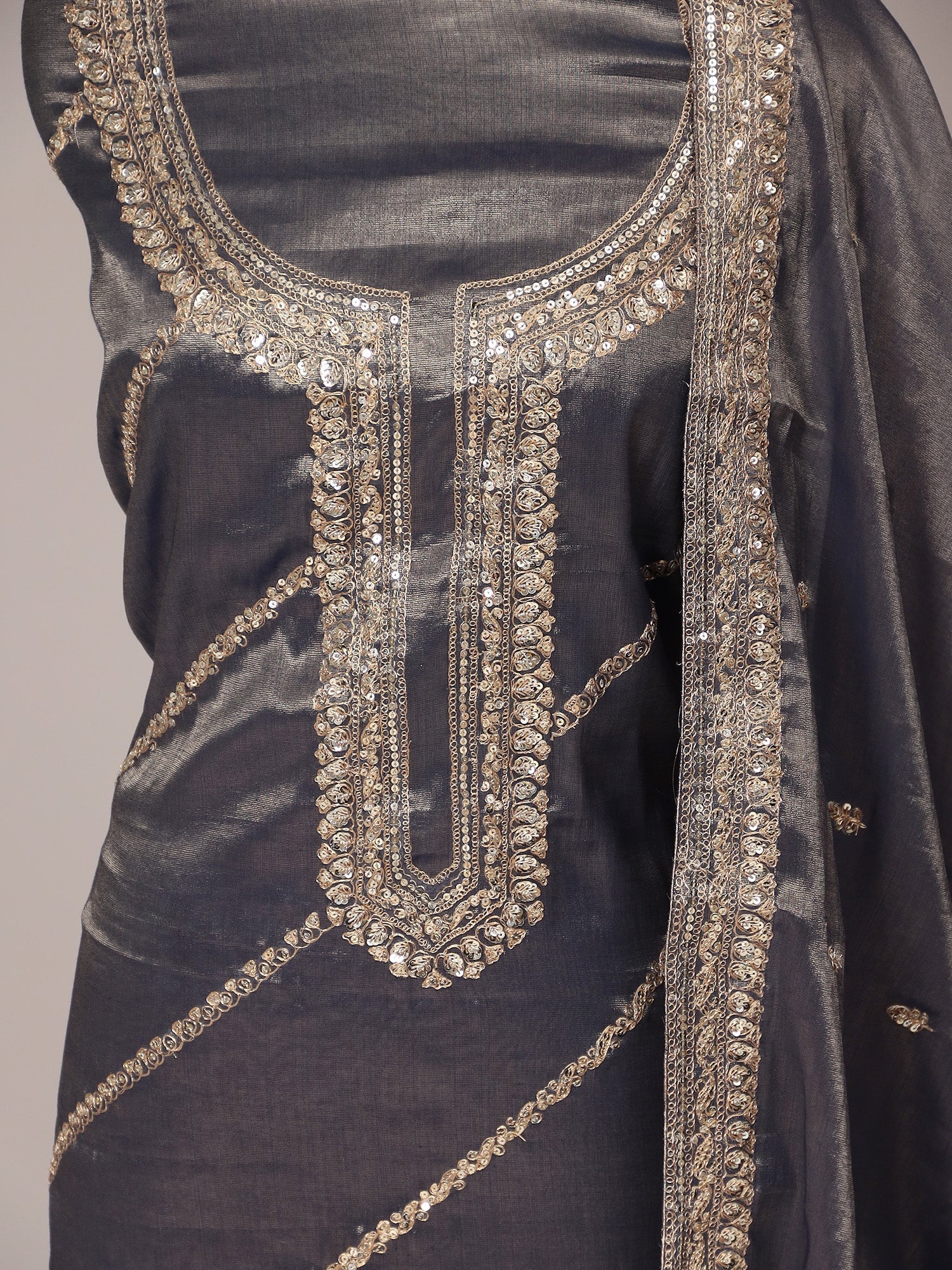 Silk Unstitched Suit with Aari and Zardozi work.