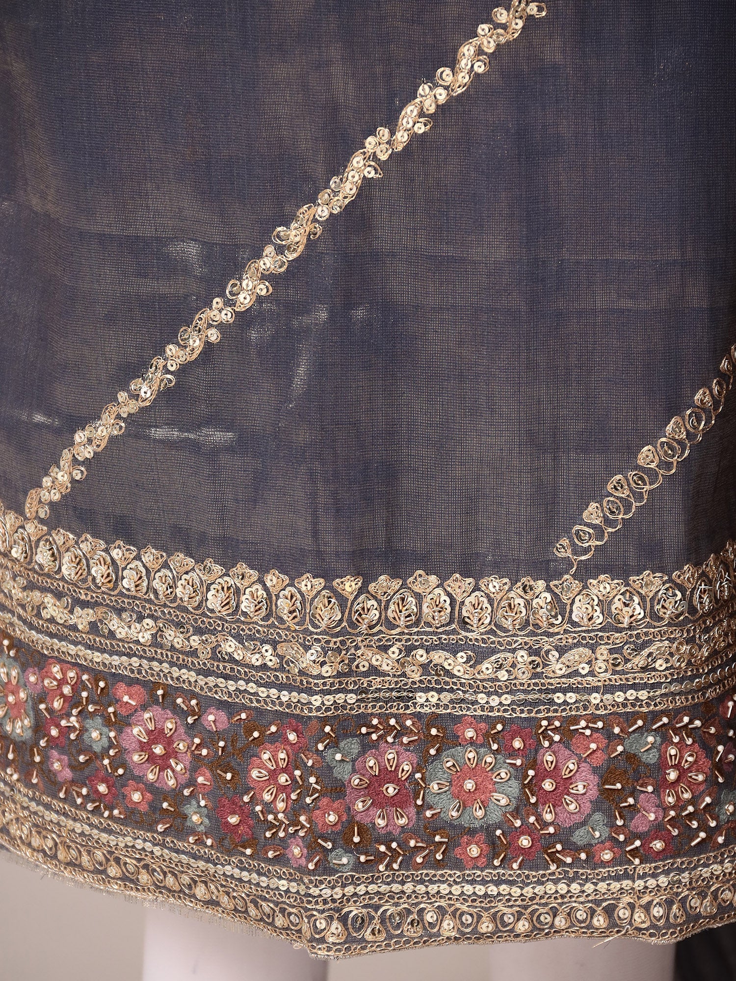 Silk Unstitched Suit with Aari and Zardozi work.