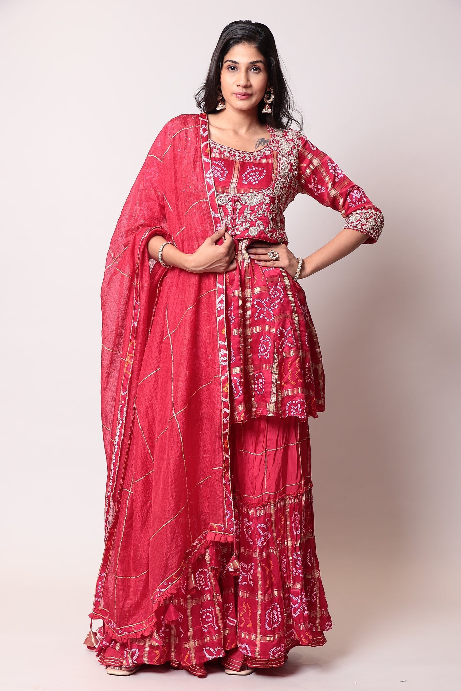 Peplum Ghatchola Bandhej silk Suit with Gota Patti work.