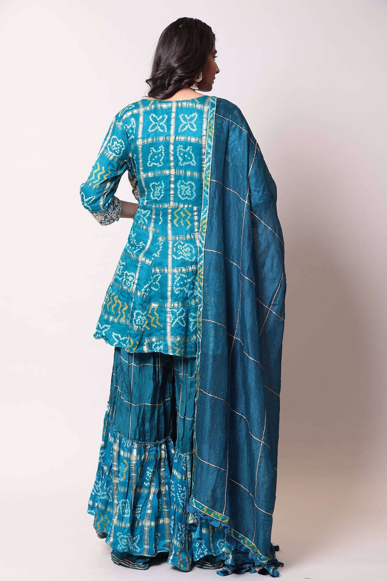 Peplum Ghatchola Bandhej silk Suit with Gota Patti work.