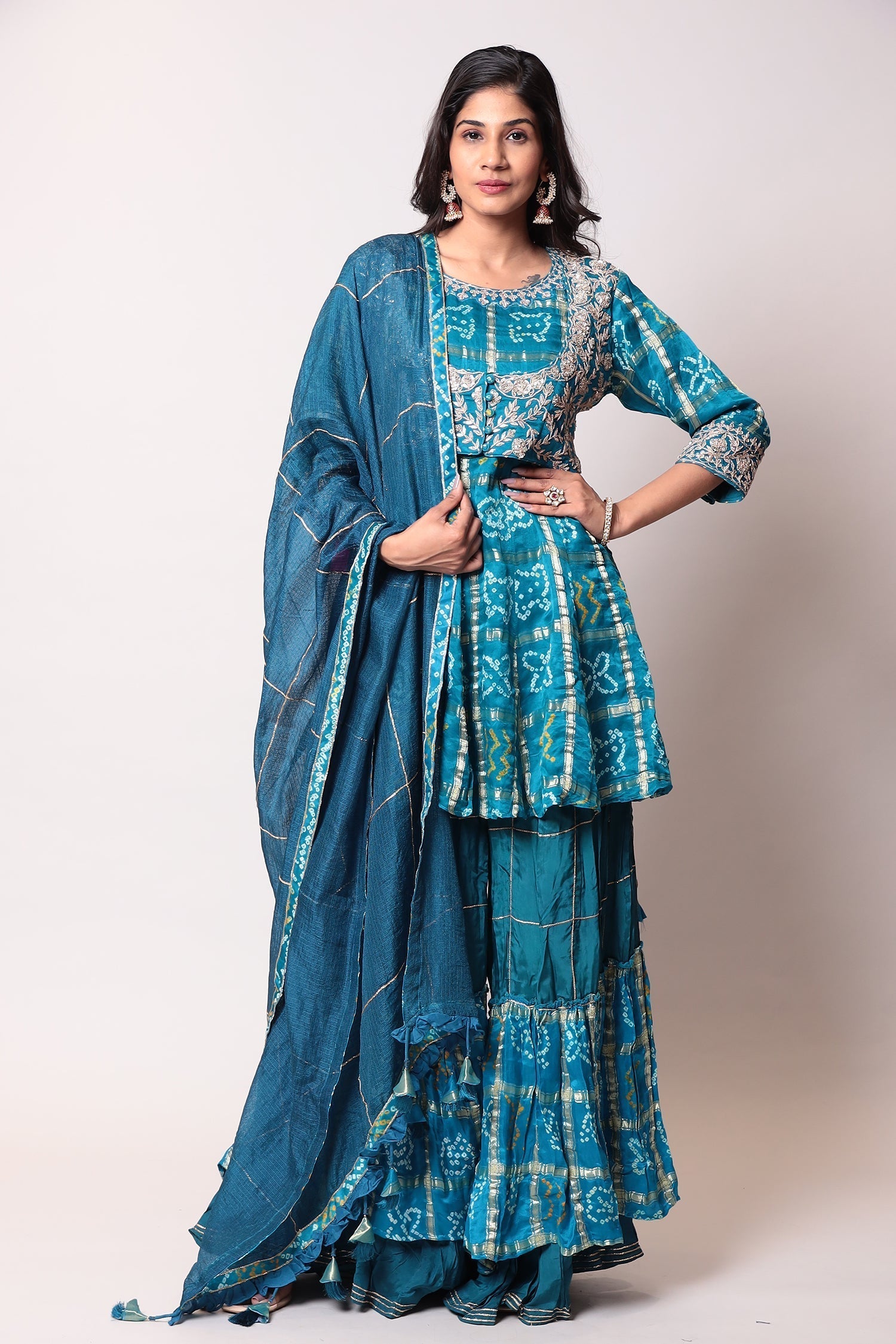 Peplum Ghatchola Bandhej silk Suit with Gota Patti work.