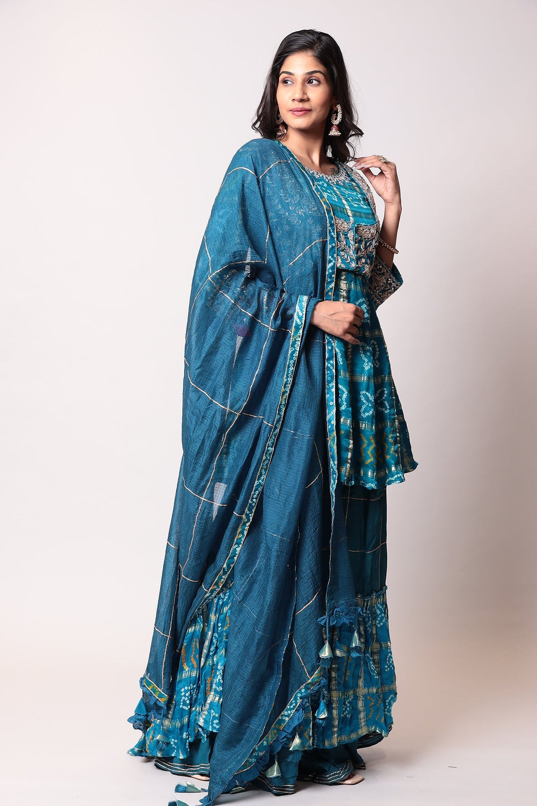 Peplum Ghatchola Bandhej silk Suit with Gota Patti work.