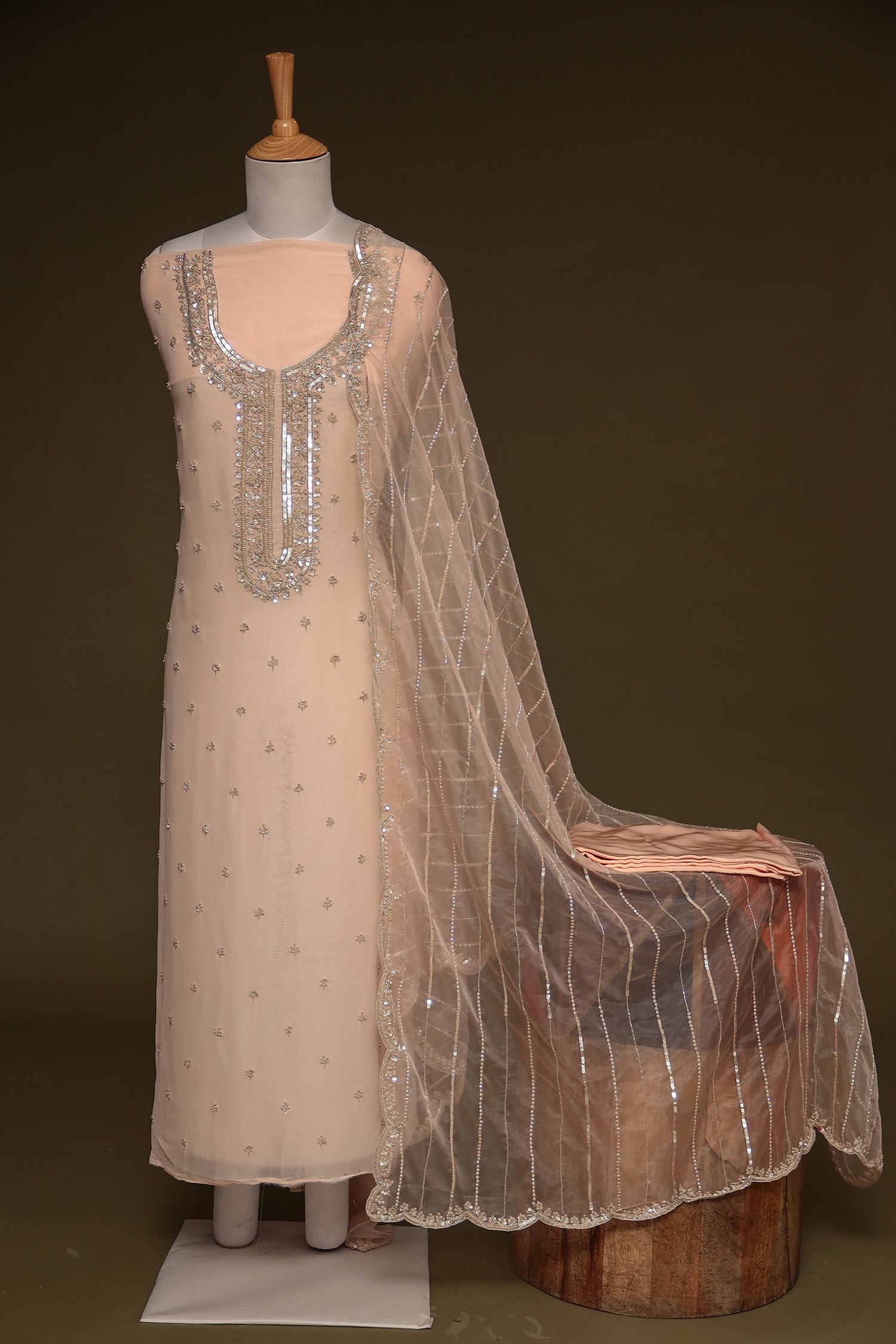 Georgette Unstitched Suit with Cutdana and Sequins work.