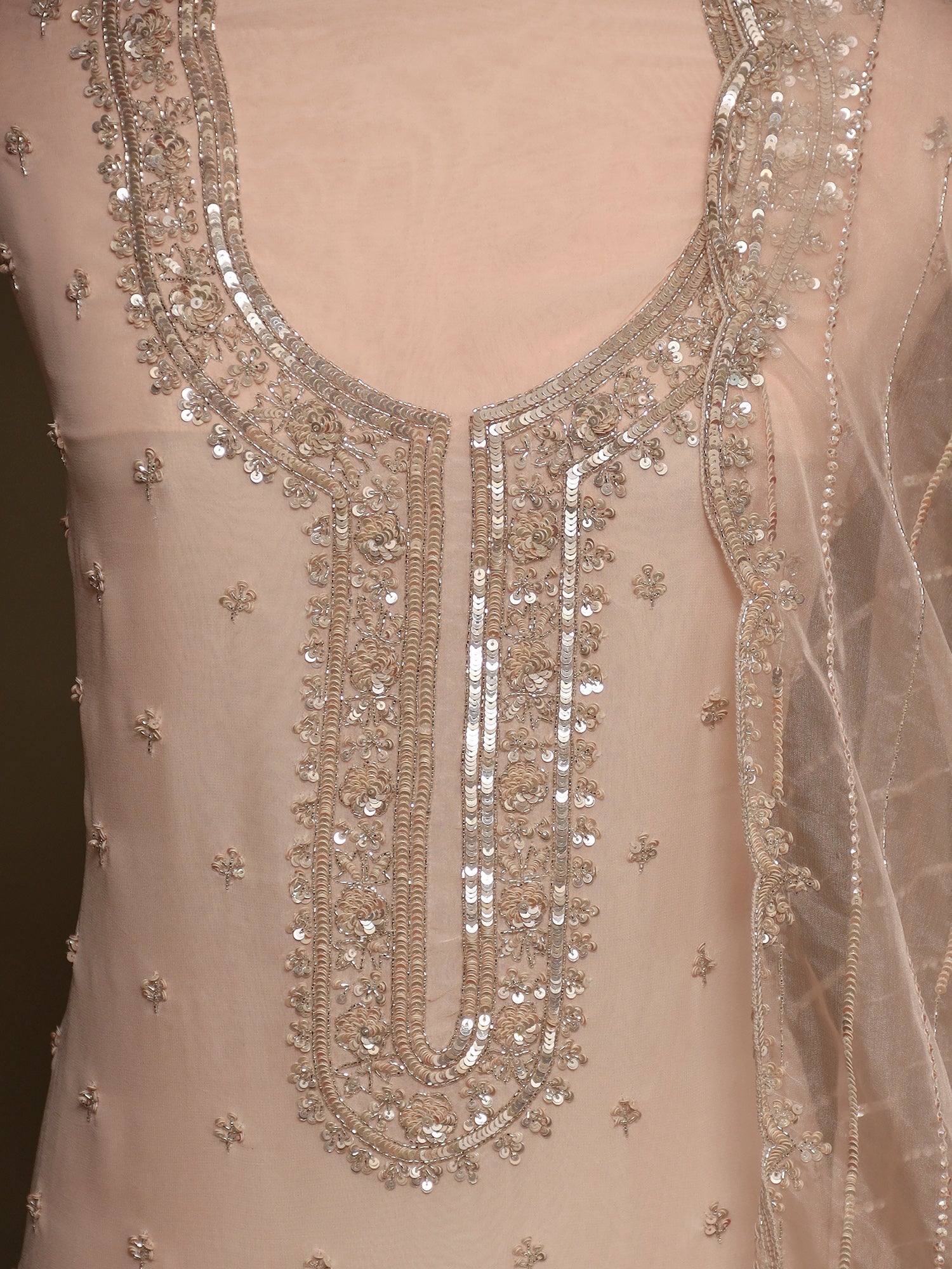 Georgette Unstitched Suit with Cutdana and Sequins work.