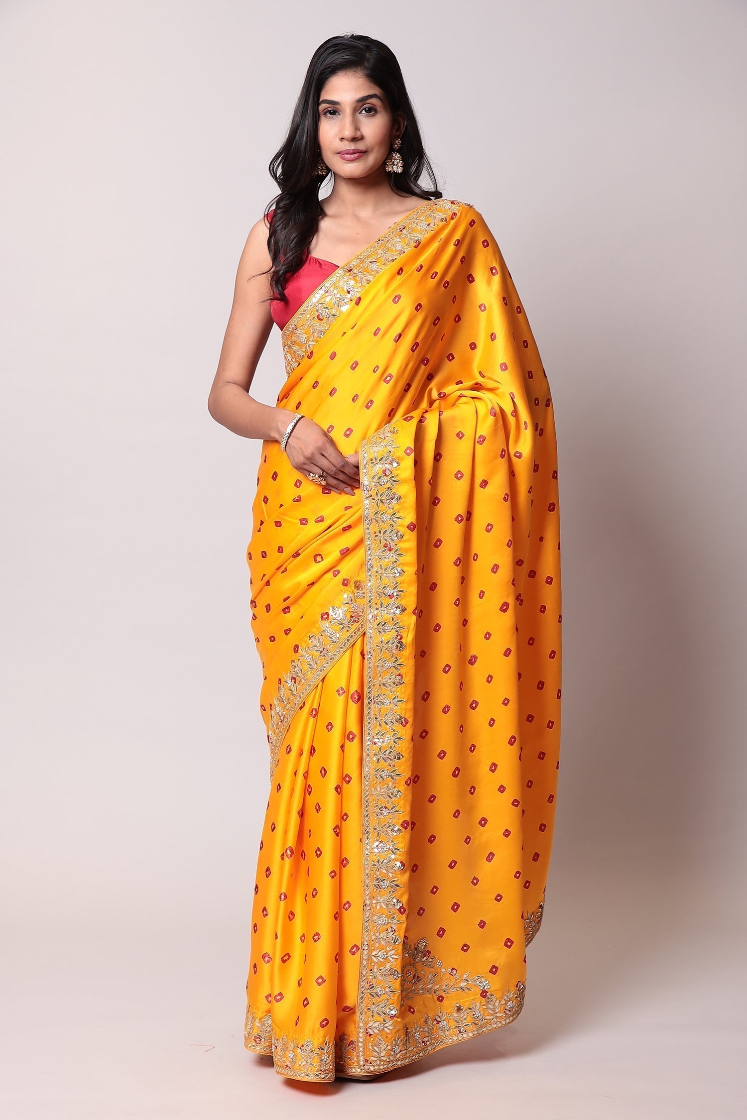 Bandhej Satin silk Saree with Gota Patti work.