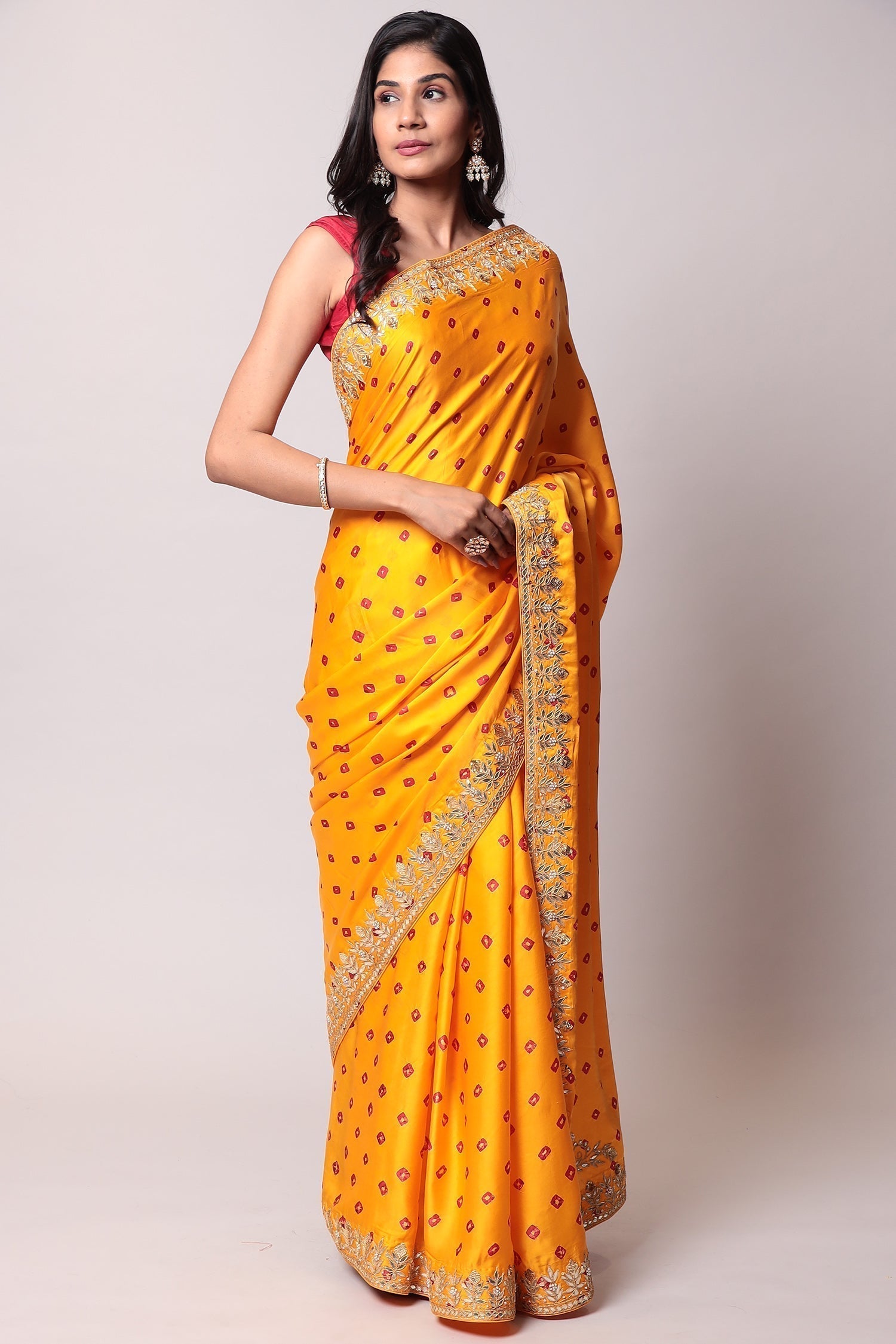 Bandhej Satin silk Saree with Gota Patti work.