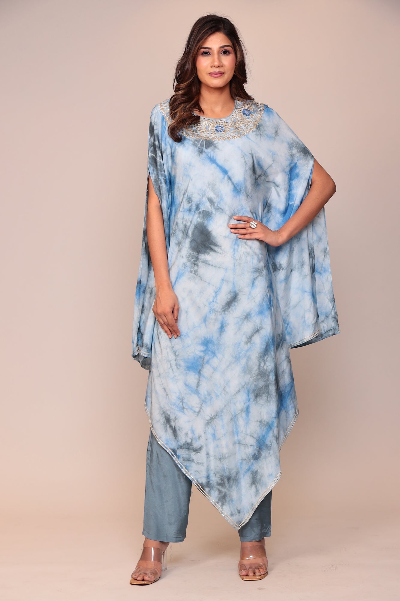Tie & Dye Muslin Gota Patti Suit Stitched with Flared Sleeves