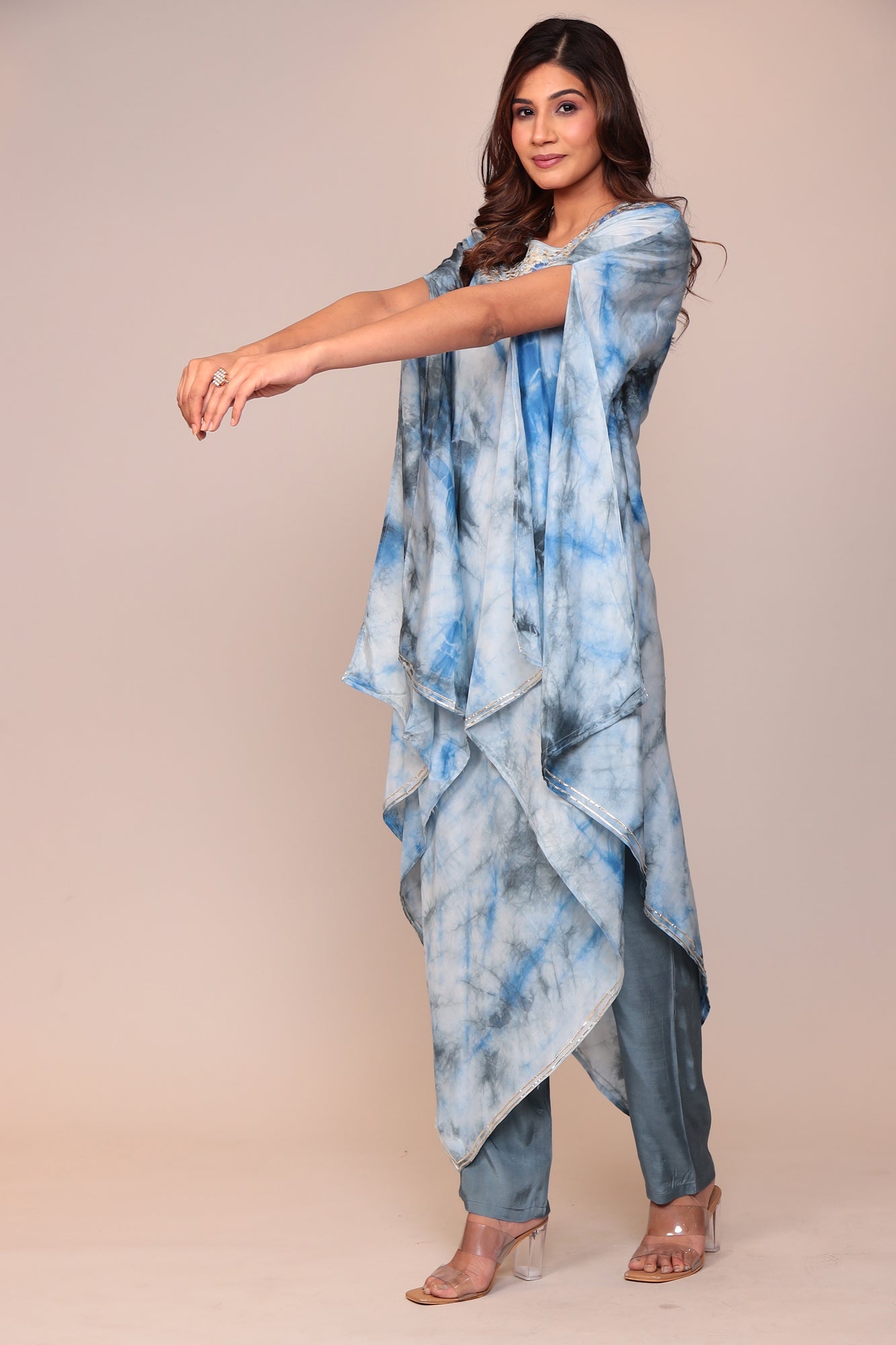 Tie & Dye Muslin Gota Patti Suit Stitched with Flared Sleeves