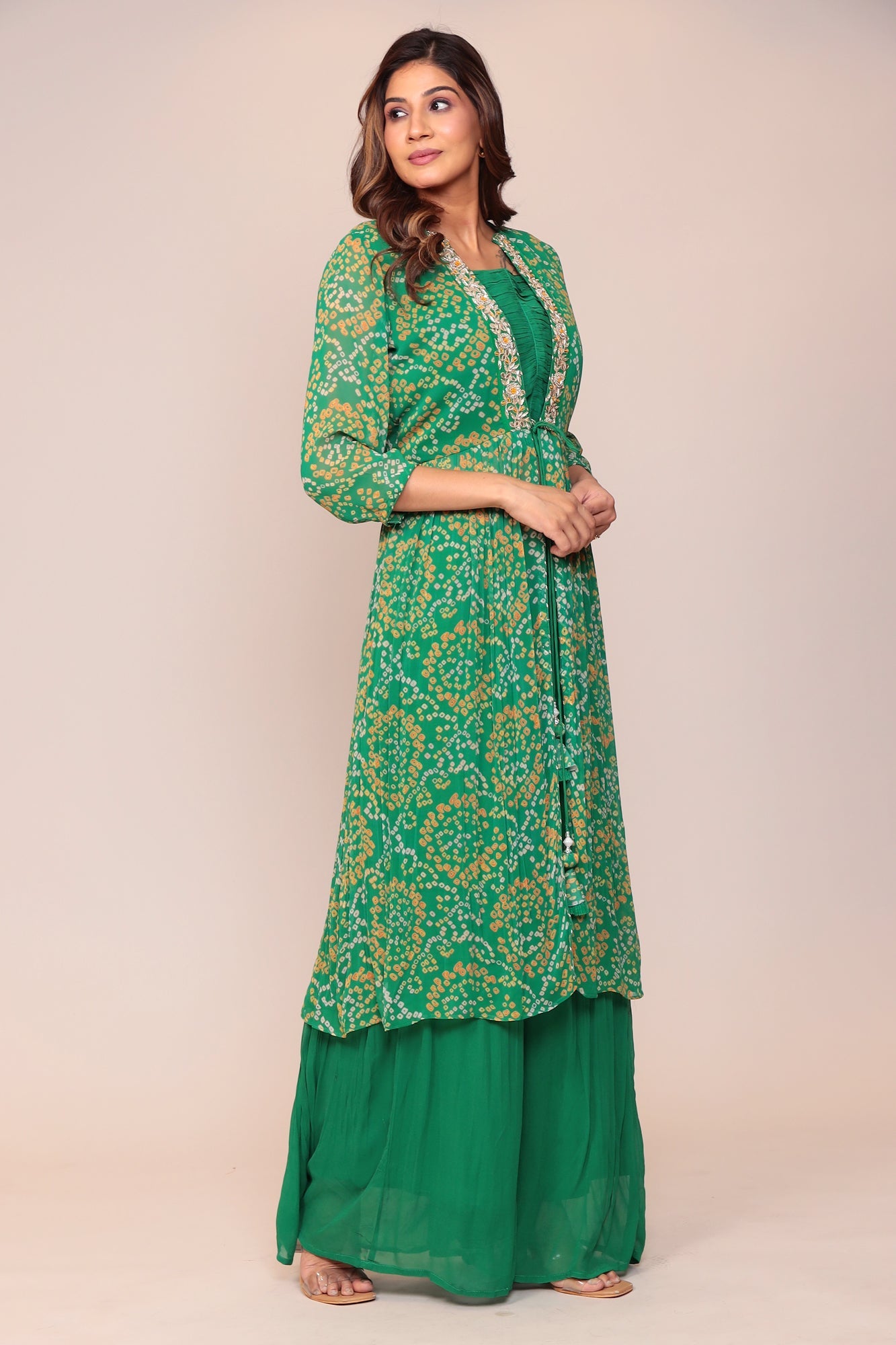Bandhej Georgette Jacket Style Suit with Gota Patti and Thread work.