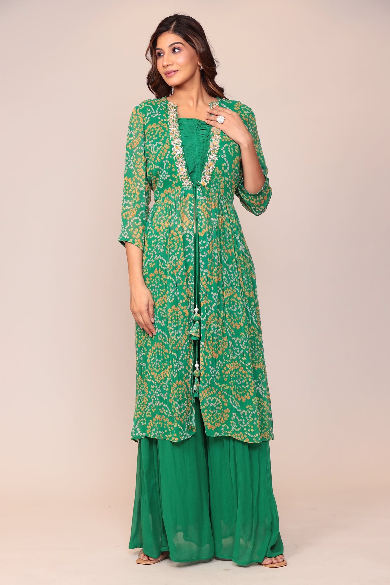 Bandhej Georgette Jacket Style Suit with Gota Patti and Thread work.