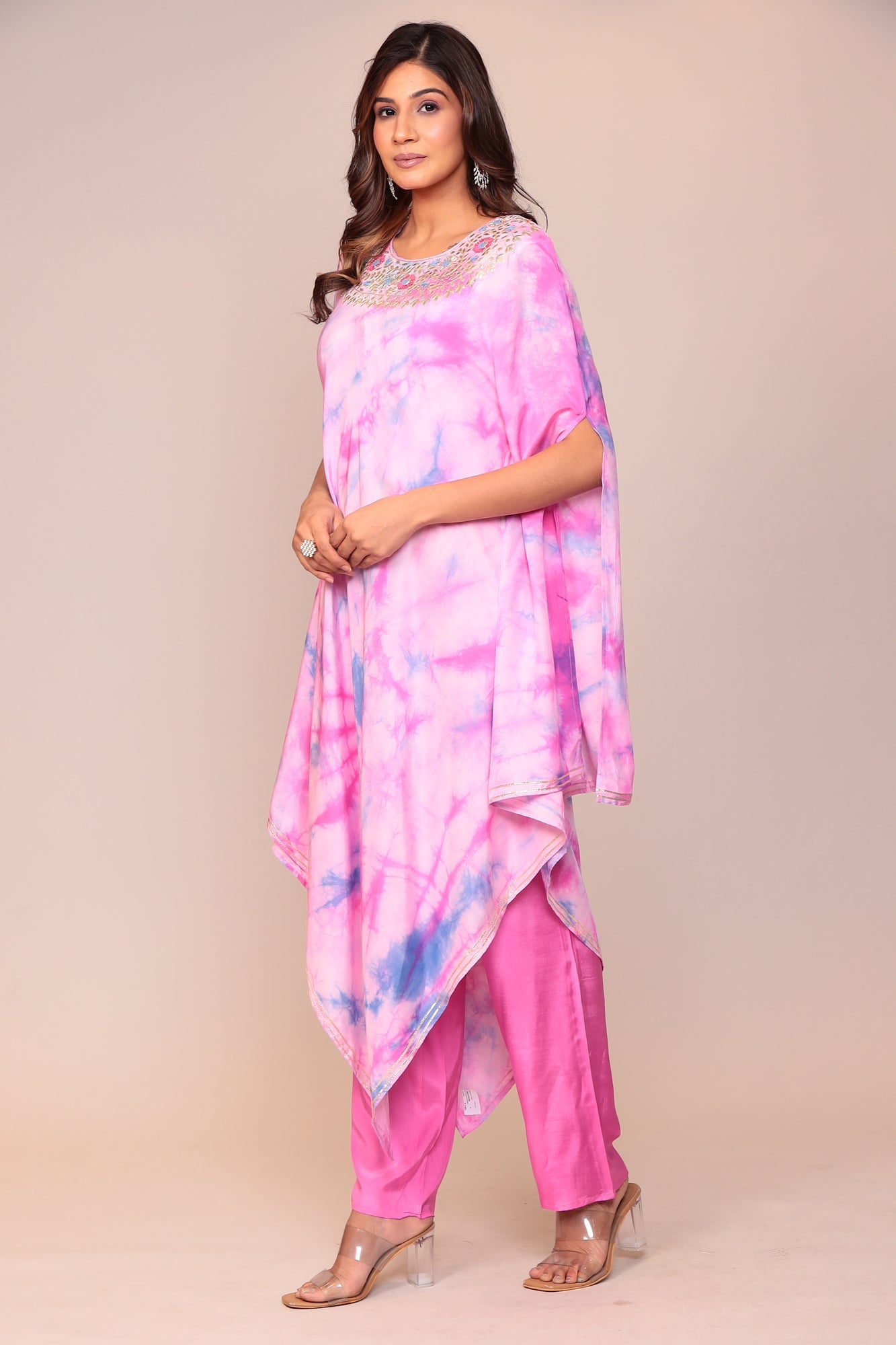 Tie & Dye Muslin Gota Patti Suit Stitched with Flared Sleeves